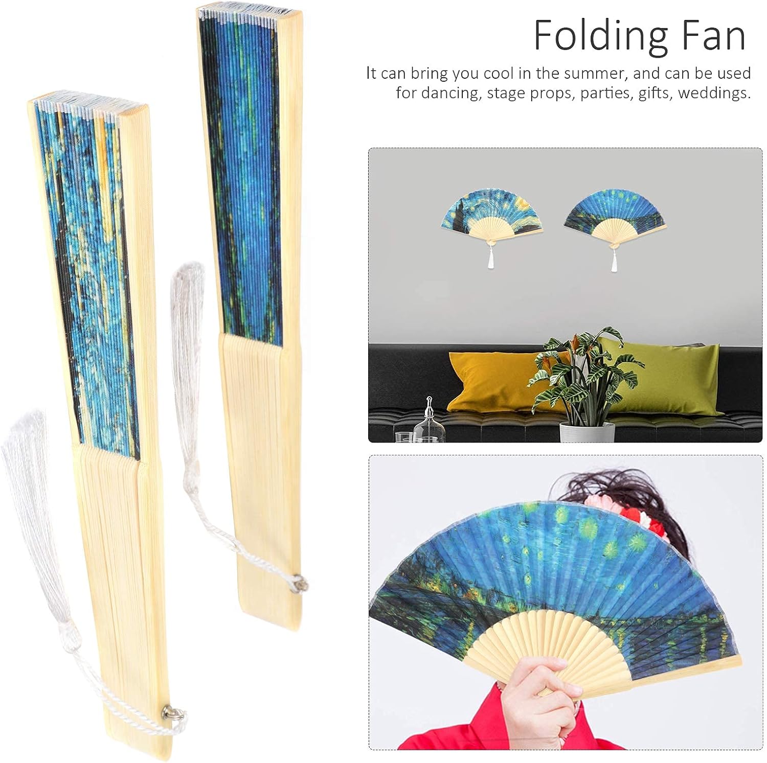 Foldable Hand Fan, 2PCS Held Silk Folding Fan Chinese Handheld with Frames Decorative Starry Night Pattern for Dancing Cosplay Wedding Party Props Decoration - Image 4