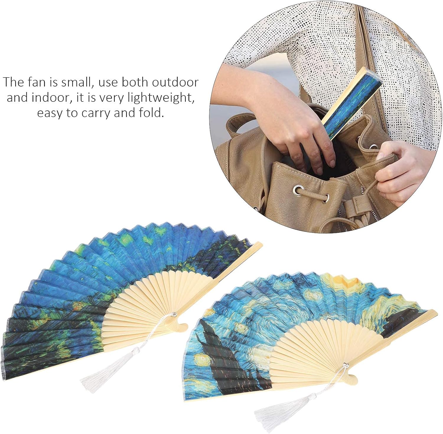 Foldable Hand Fan, 2PCS Held Silk Folding Fan Chinese Handheld with Frames Decorative Starry Night Pattern for Dancing Cosplay Wedding Party Props Decoration - Image 5