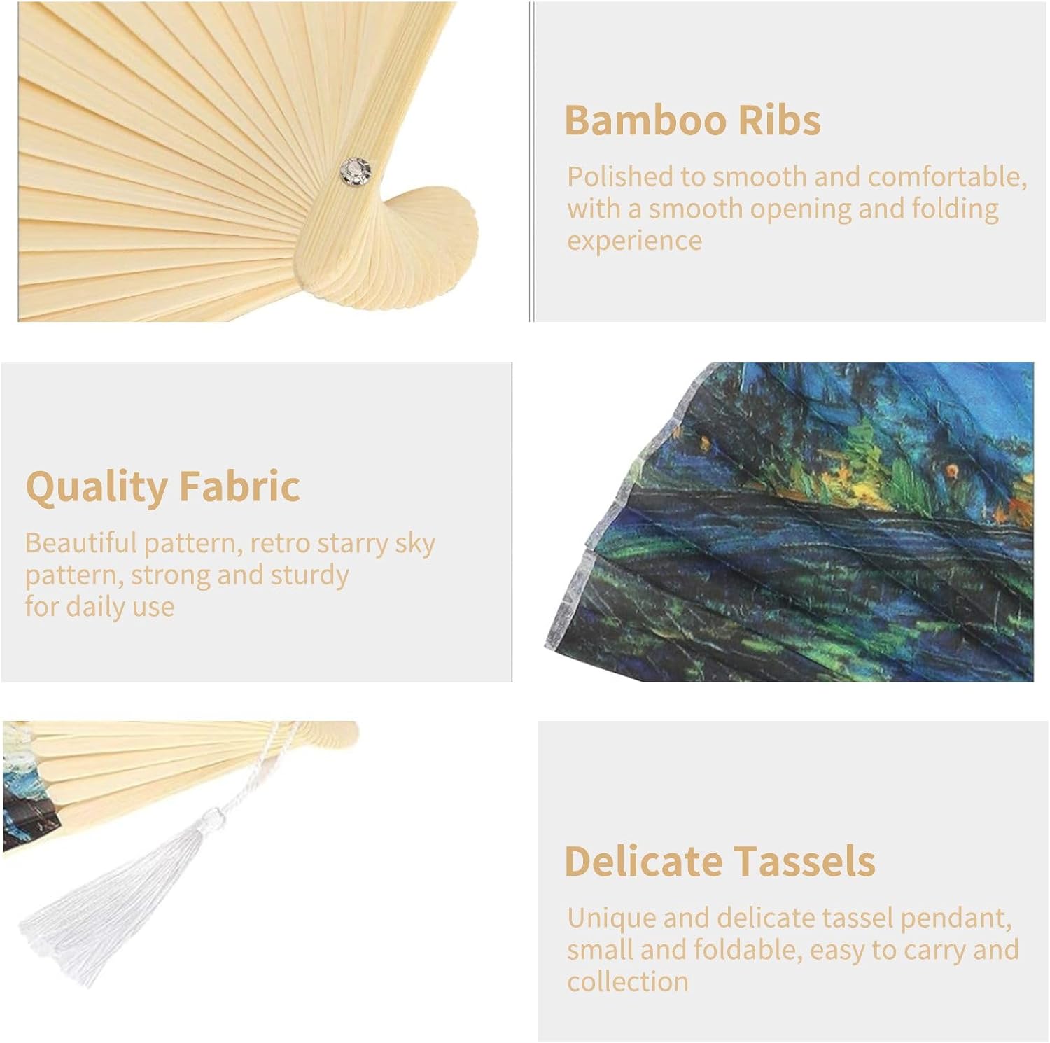 Foldable Hand Fan, 2PCS Held Silk Folding Fan Chinese Handheld with Frames Decorative Starry Night Pattern for Dancing Cosplay Wedding Party Props Decoration - Image 6