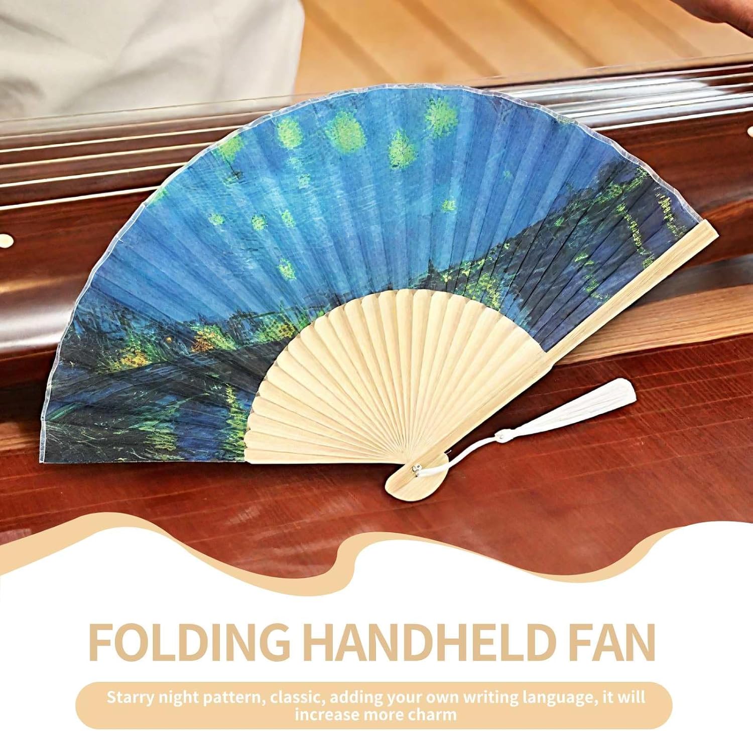 Foldable Hand Fan, 2PCS Held Silk Folding Fan Chinese Handheld with Frames Decorative Starry Night Pattern for Dancing Cosplay Wedding Party Props Decoration - Image 8