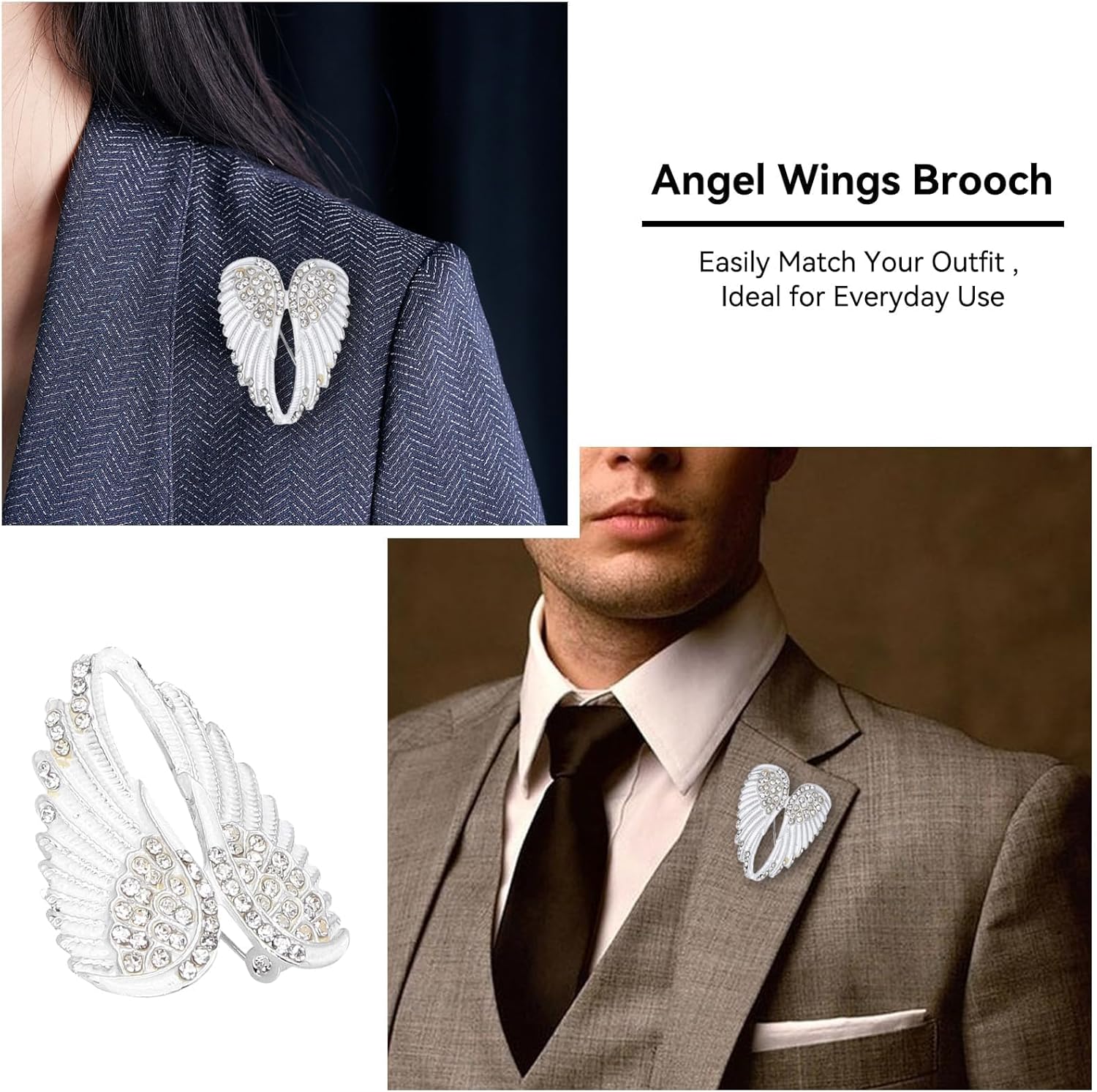 4pcs Women's Guardian Angel Wing Brooch Pins, Rhinestones Pin Set Cardigan Collar Clips Dress Shirt for Women Girls Men(White) - Image 3