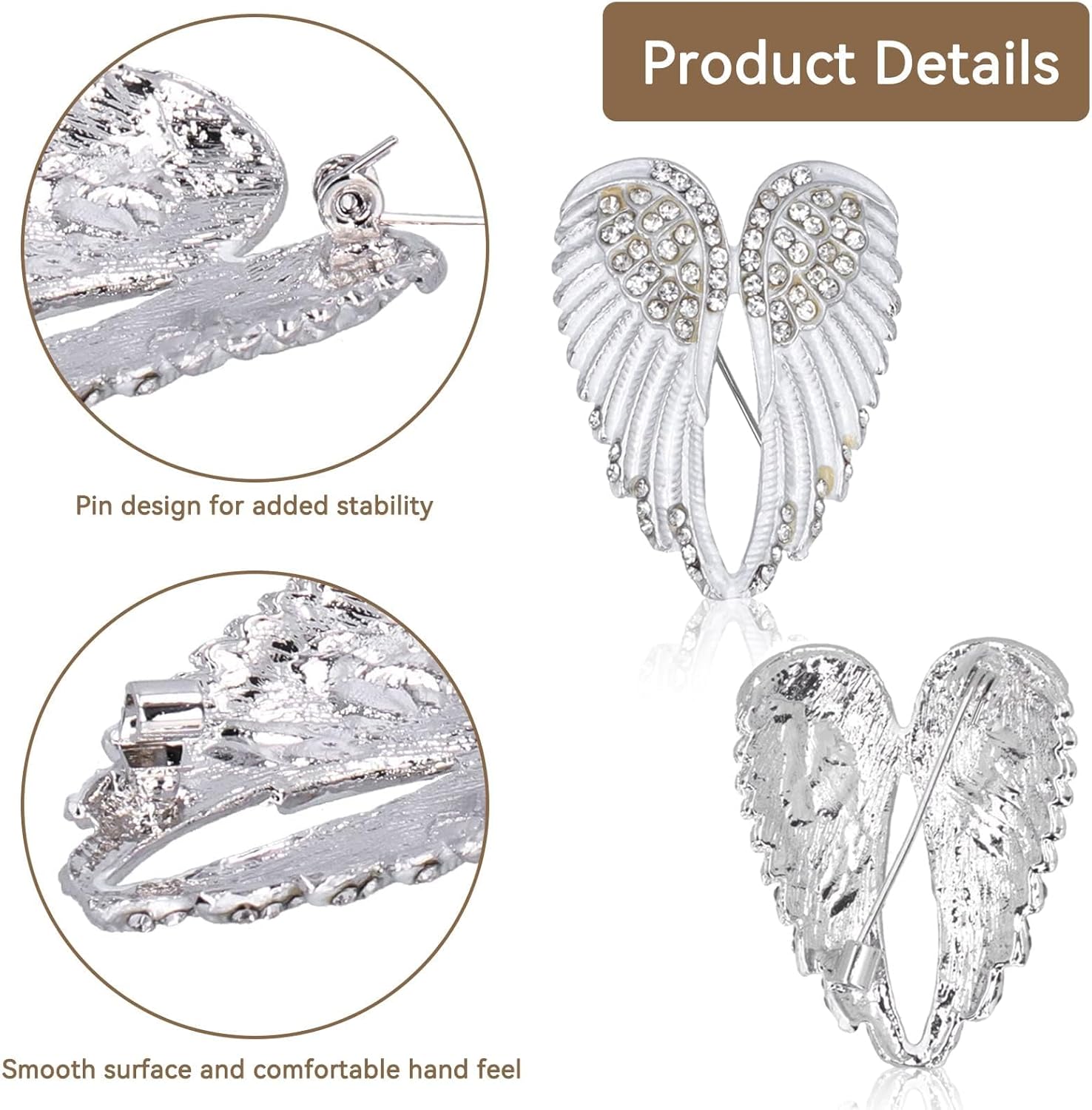 4pcs Women's Guardian Angel Wing Brooch Pins, Rhinestones Pin Set Cardigan Collar Clips Dress Shirt for Women Girls Men(White) - Image 5