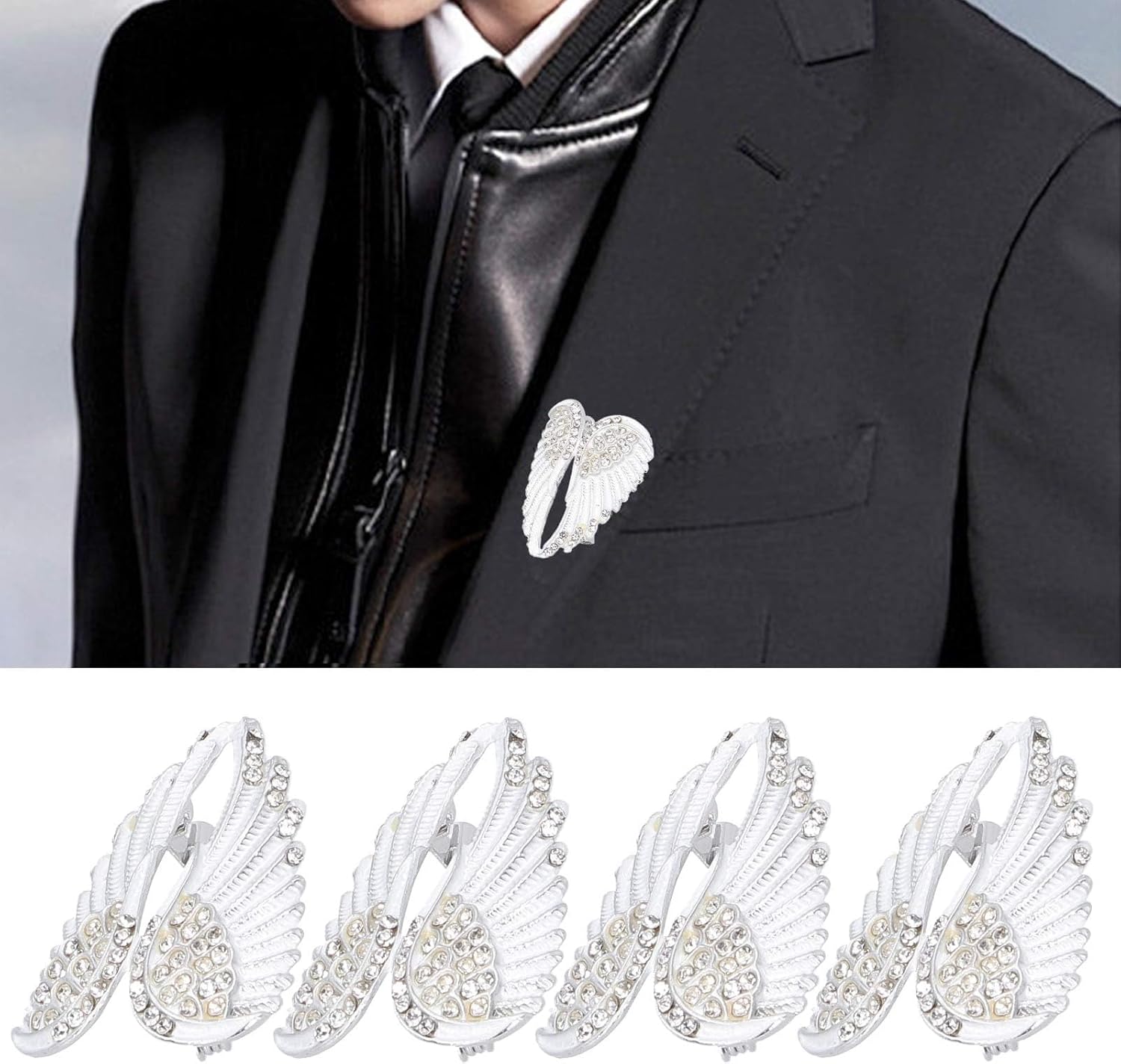 4pcs Women's Guardian Angel Wing Brooch Pins, Rhinestones Pin Set Cardigan Collar Clips Dress Shirt for Women Girls Men(White) - Image 6