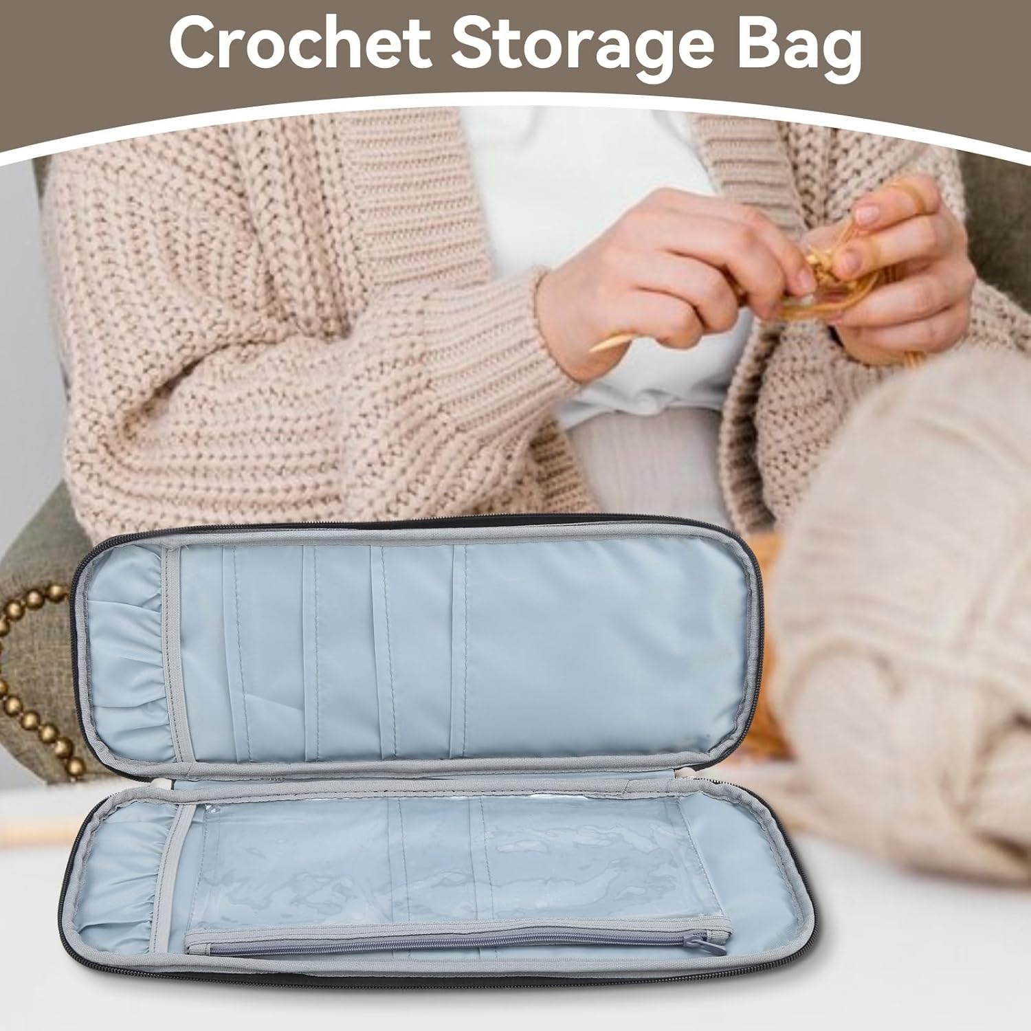 Knitting Needle Case, Travel Zipper Organizer Bag for Straight Needles Dual Crochet Case Supplies Accessories Grey - Image 2