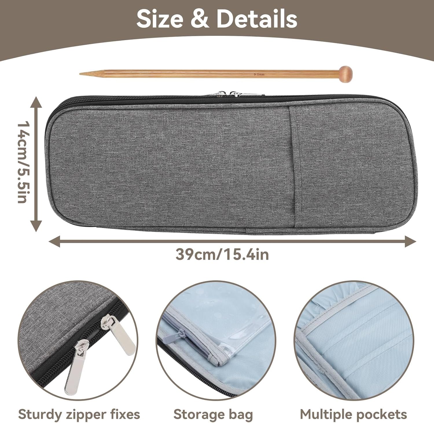 Knitting Needle Case, Travel Zipper Organizer Bag for Straight Needles Dual Crochet Case Supplies Accessories Grey - Image 3