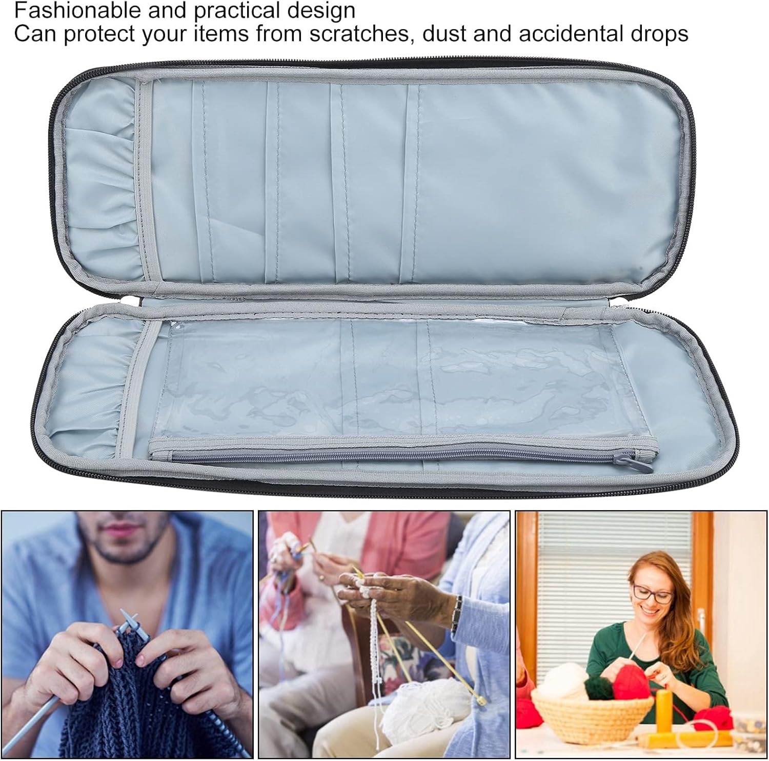 Knitting Needle Case, Travel Zipper Organizer Bag for Straight Needles Dual Crochet Case Supplies Accessories Grey - Image 4