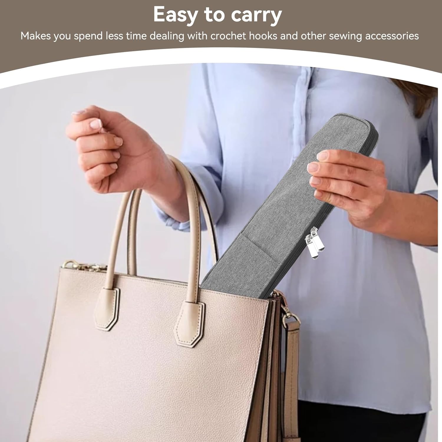 Knitting Needle Case, Travel Zipper Organizer Bag for Straight Needles Dual Crochet Case Supplies Accessories Grey - Image 5