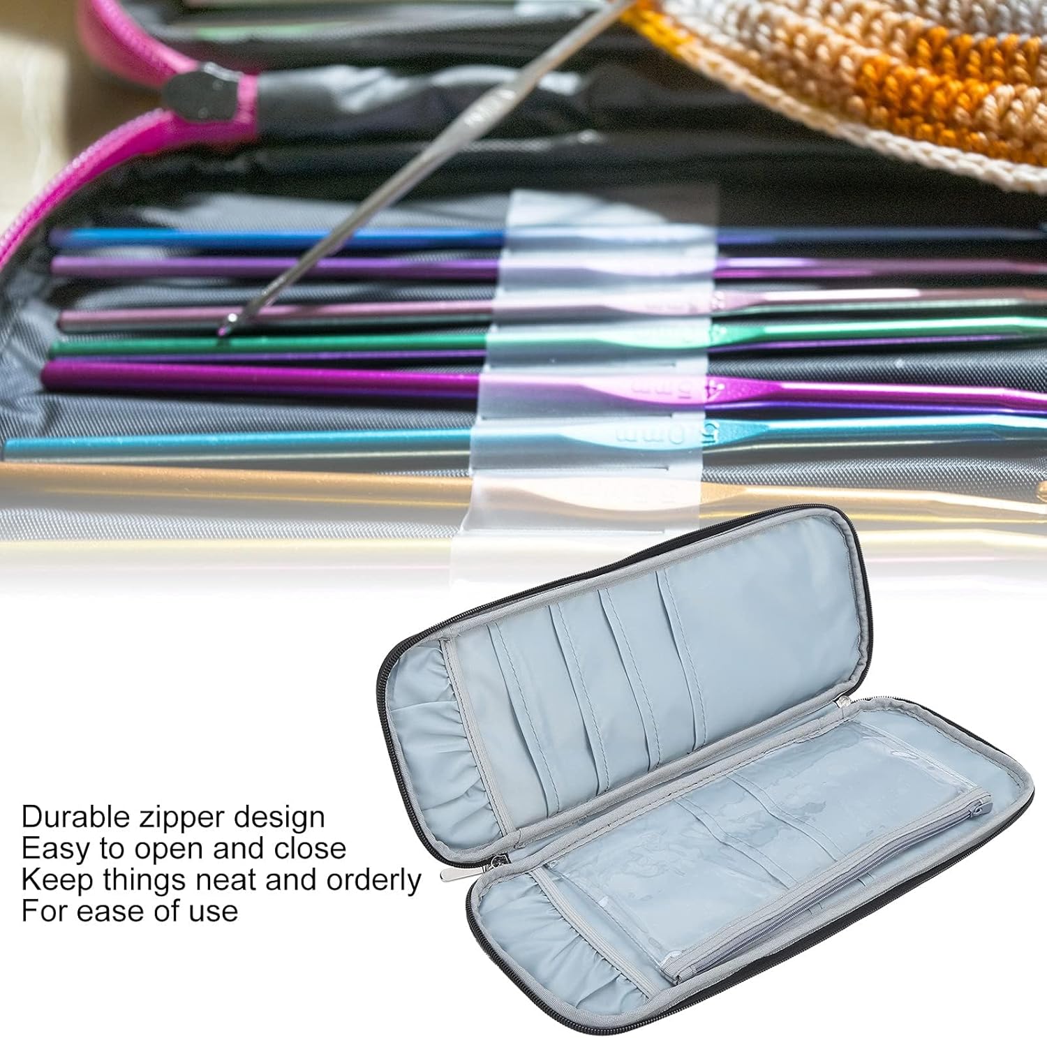 Knitting Needle Case, Travel Zipper Organizer Bag for Straight Needles Dual Crochet Case Supplies Accessories Grey - Image 7