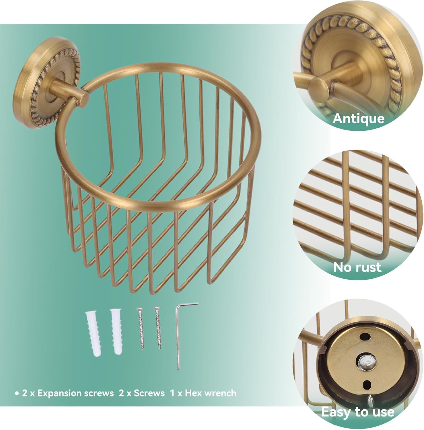 Brass Toilet Paper Holder, Wall Mounted Holder Vintage Bathroom Roll Basket Antique Tissue Storage for - Image 5