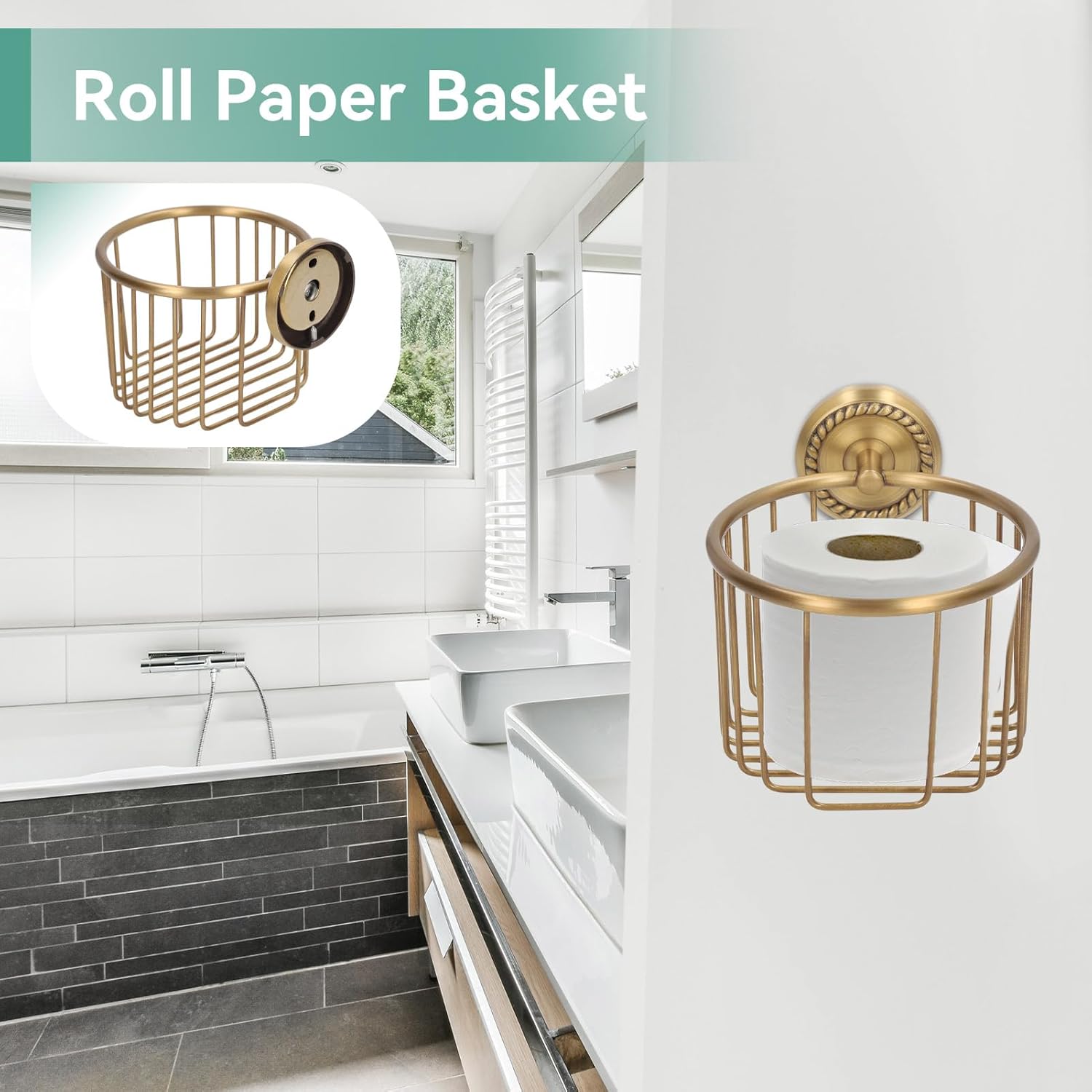 Brass Toilet Paper Holder, Wall Mounted Holder Vintage Bathroom Roll Basket Antique Tissue Storage for - Image 7