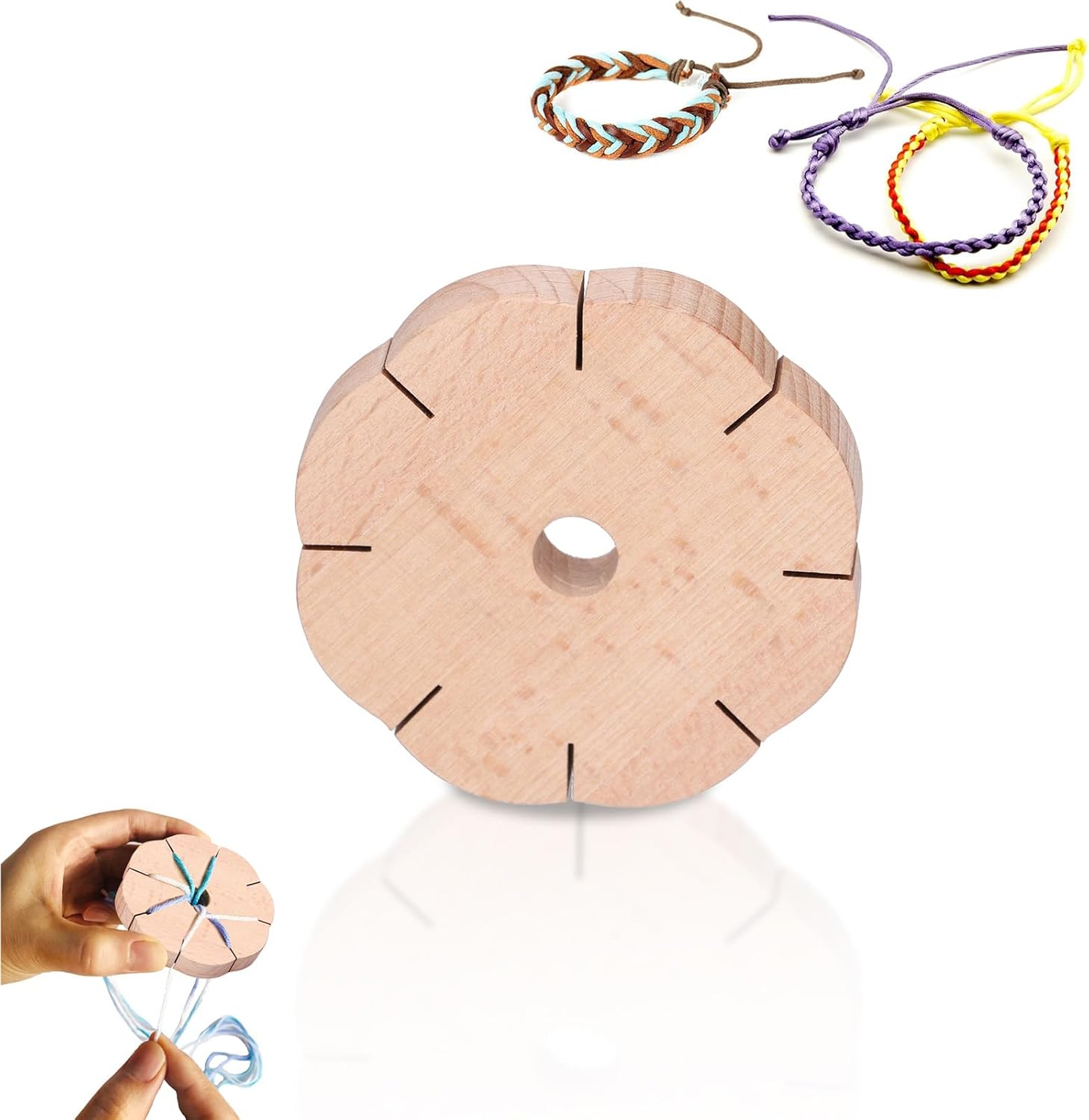 Kumihimo Disk 8 Slots, Wooden Round Wood Braiding Plate Hand Rope Beading Cord Disc DIY Bracelet Loom Weaving Board - Image 1