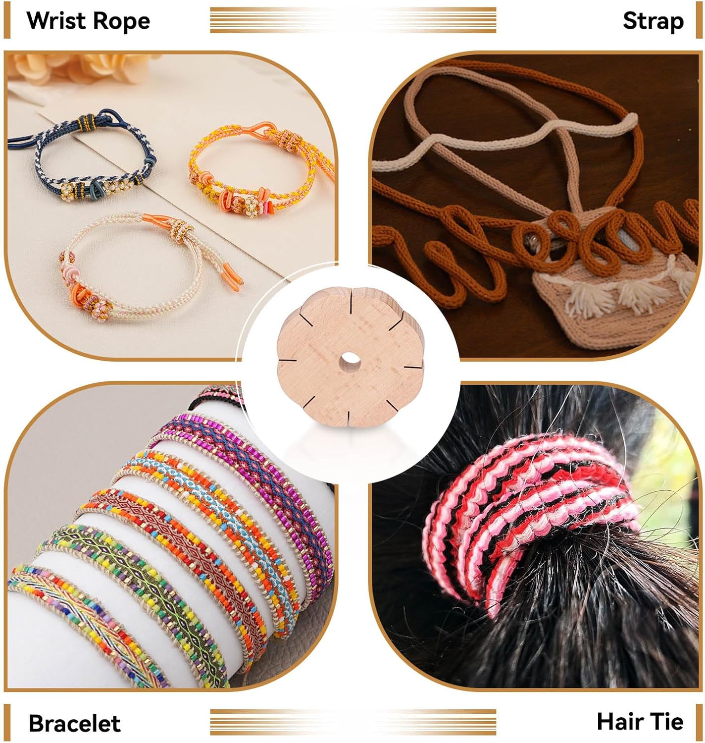 Kumihimo Disk 8 Slots, Wooden Round Wood Braiding Plate Hand Rope Beading Cord Disc DIY Bracelet Loom Weaving Board - Image 6