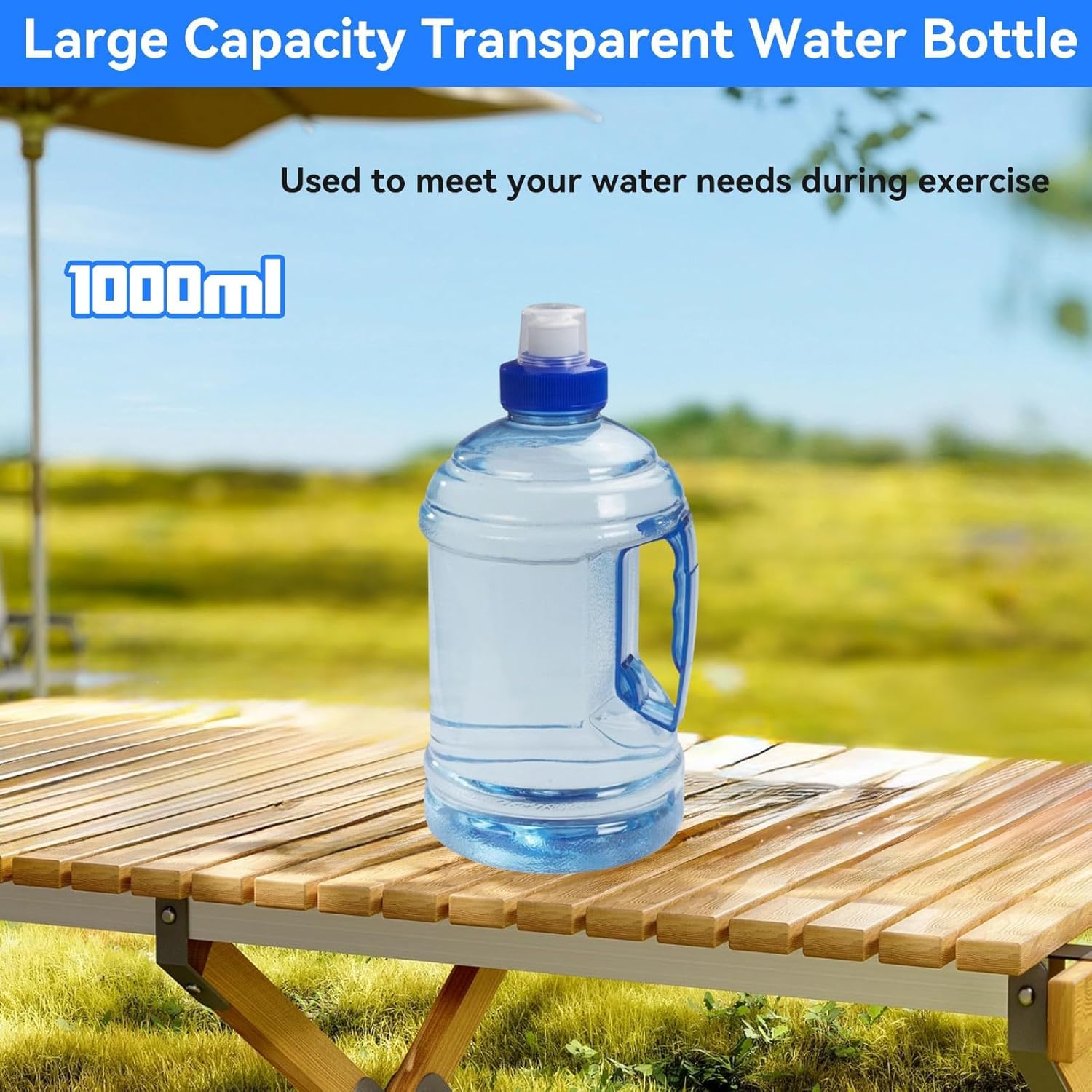 Large Water Bottle, 1l Jug with Handle Clear Sport Bottle Reusable Plastic Leak Proof for Fitness Outdoor Sports Camping, 7.5x3.9 In - Image 5