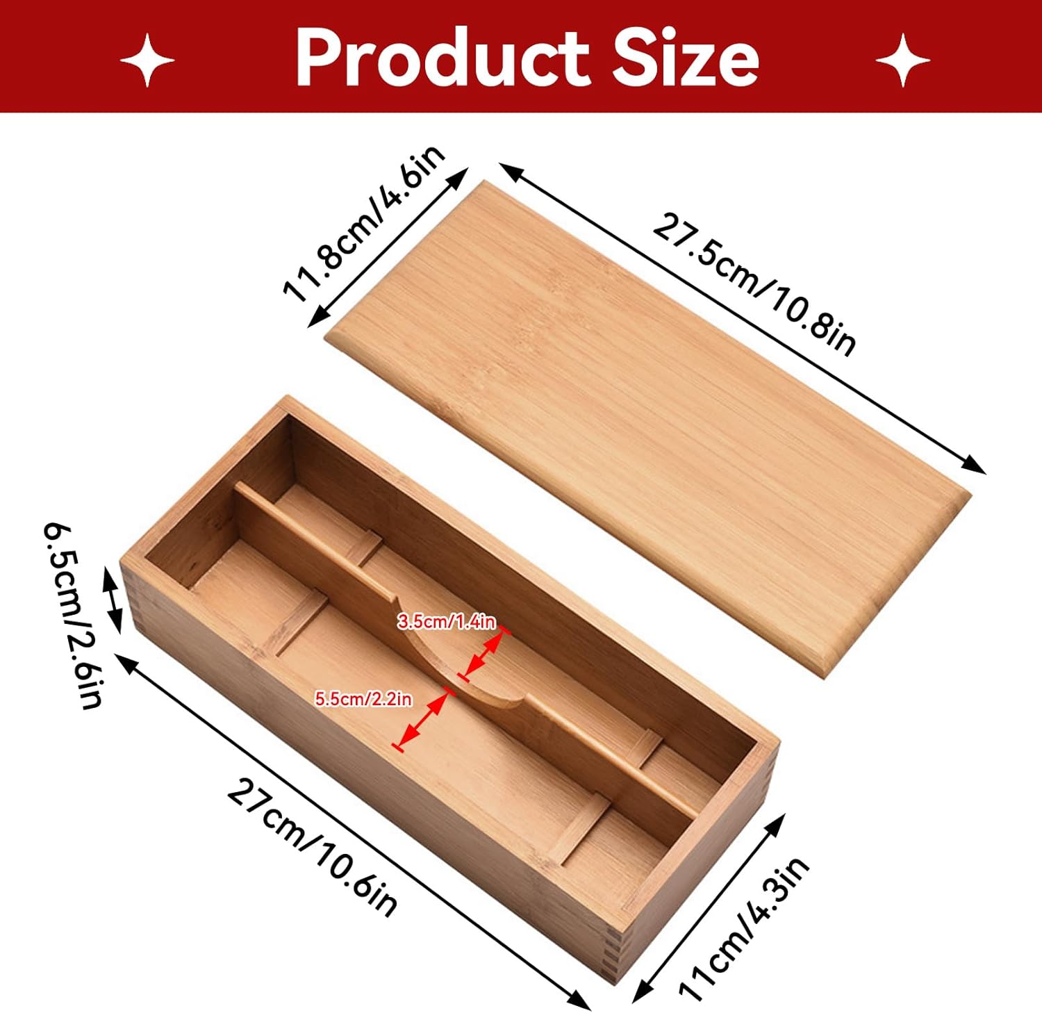 Wooden Cutlery Box with Lid, Small Drawer Organizer Kitchen, in for Spoon Utensil Chopsticks Kitchen Countertop, 10.6x4.3x2.5inch - Image 2