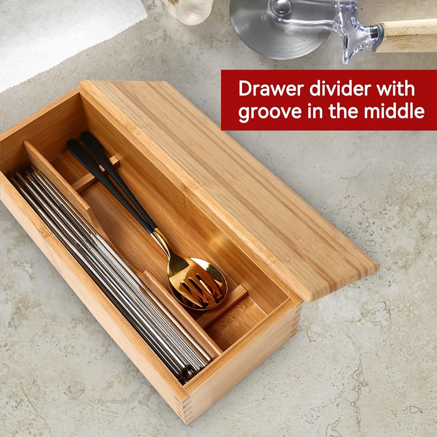 Wooden Cutlery Box with Lid, Small Drawer Organizer Kitchen, in for Spoon Utensil Chopsticks Kitchen Countertop, 10.6x4.3x2.5inch - Image 3