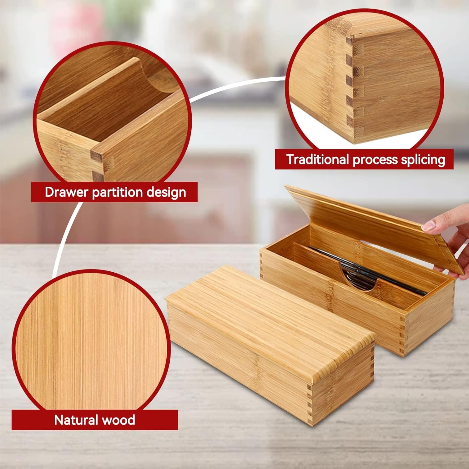 Wooden Cutlery Box with Lid, Small Drawer Organizer Kitchen, in for Spoon Utensil Chopsticks Kitchen Countertop, 10.6x4.3x2.5inch - Image 4