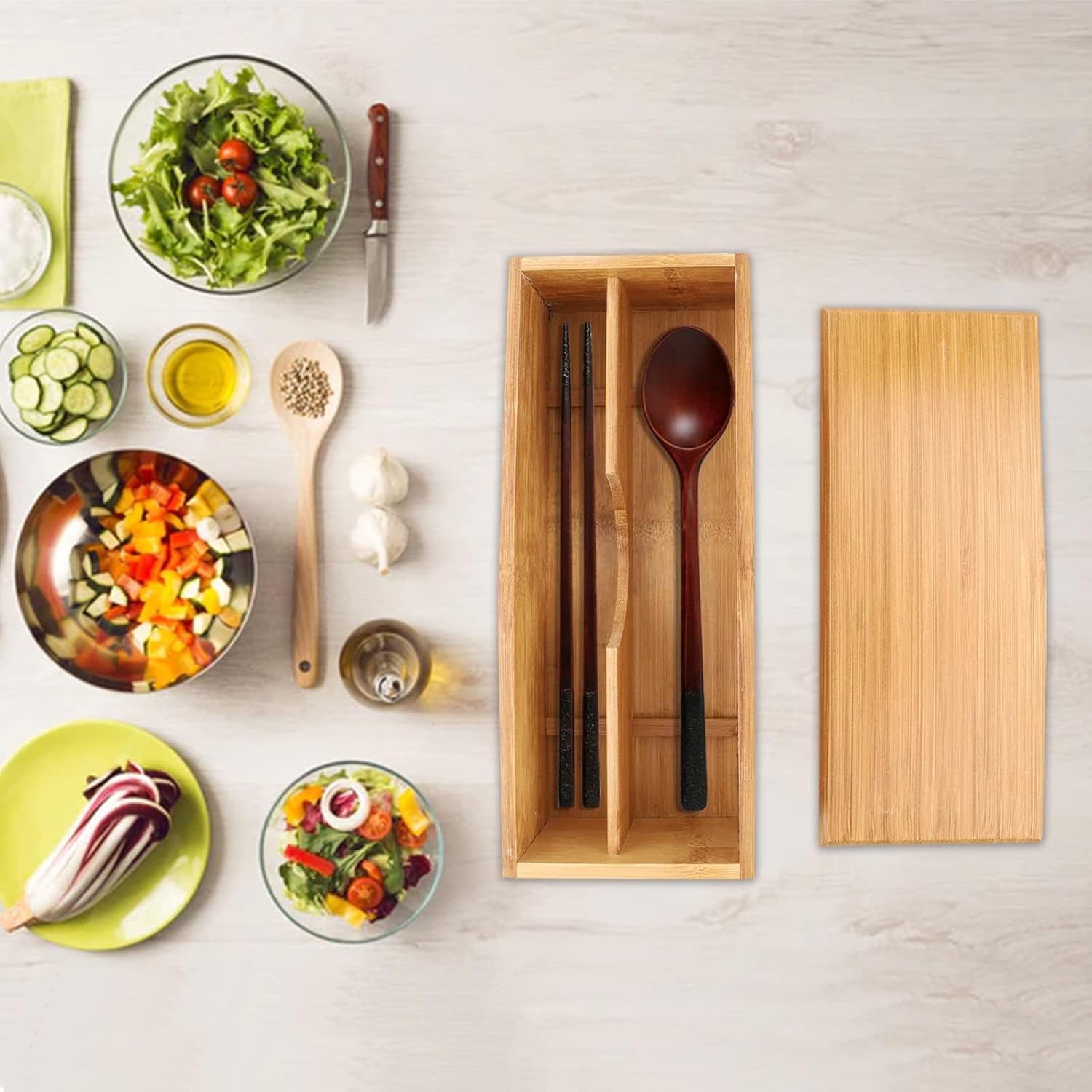 Wooden Cutlery Box with Lid, Small Drawer Organizer Kitchen, in for Spoon Utensil Chopsticks Kitchen Countertop, 10.6x4.3x2.5inch - Image 6