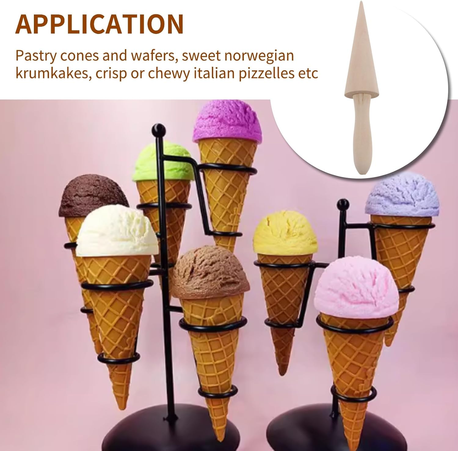 Ice Cream Cone Mold, Reusable Wooden Horn Mold 9.1in Waffle Roller Pizzelle for Kitchen Cooking and Baking - Image 2