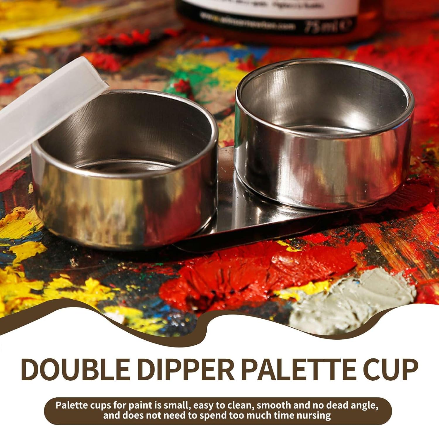 Double Dipper Palette Cup, Stainless Steel Oil Painting Cup with Lid and Clip for Watercolor Gouache Acrylic - Image 2