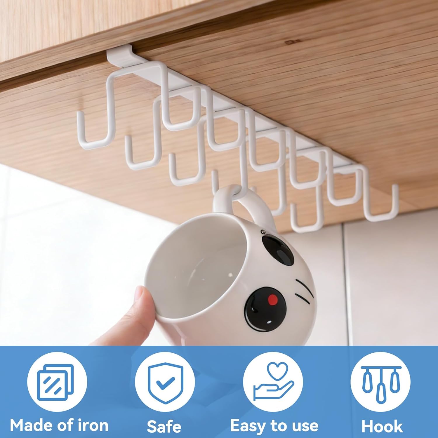Mug Hooks Under Cabinet, Coffee Cup Cabinet No Drilling Hanger Hanging Cups Organizer for Kitchen Utensil Storage - Image 5