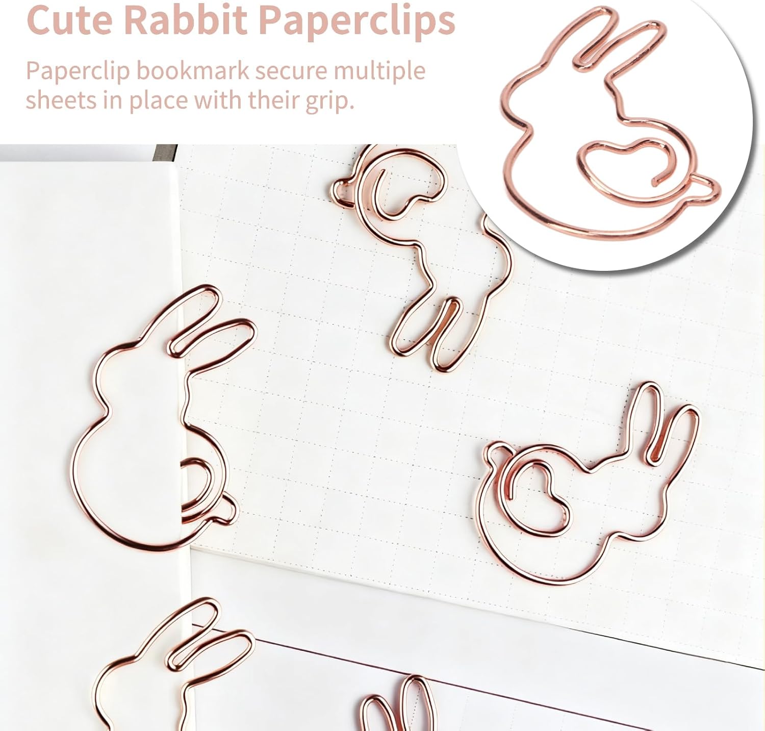 100PCS Rabbit Shape Paper Clips, Rose Gold Bunny Paperclips Decorative Clips Cute Animals Bookmark for Office School Home Desk Organizers - Image 3