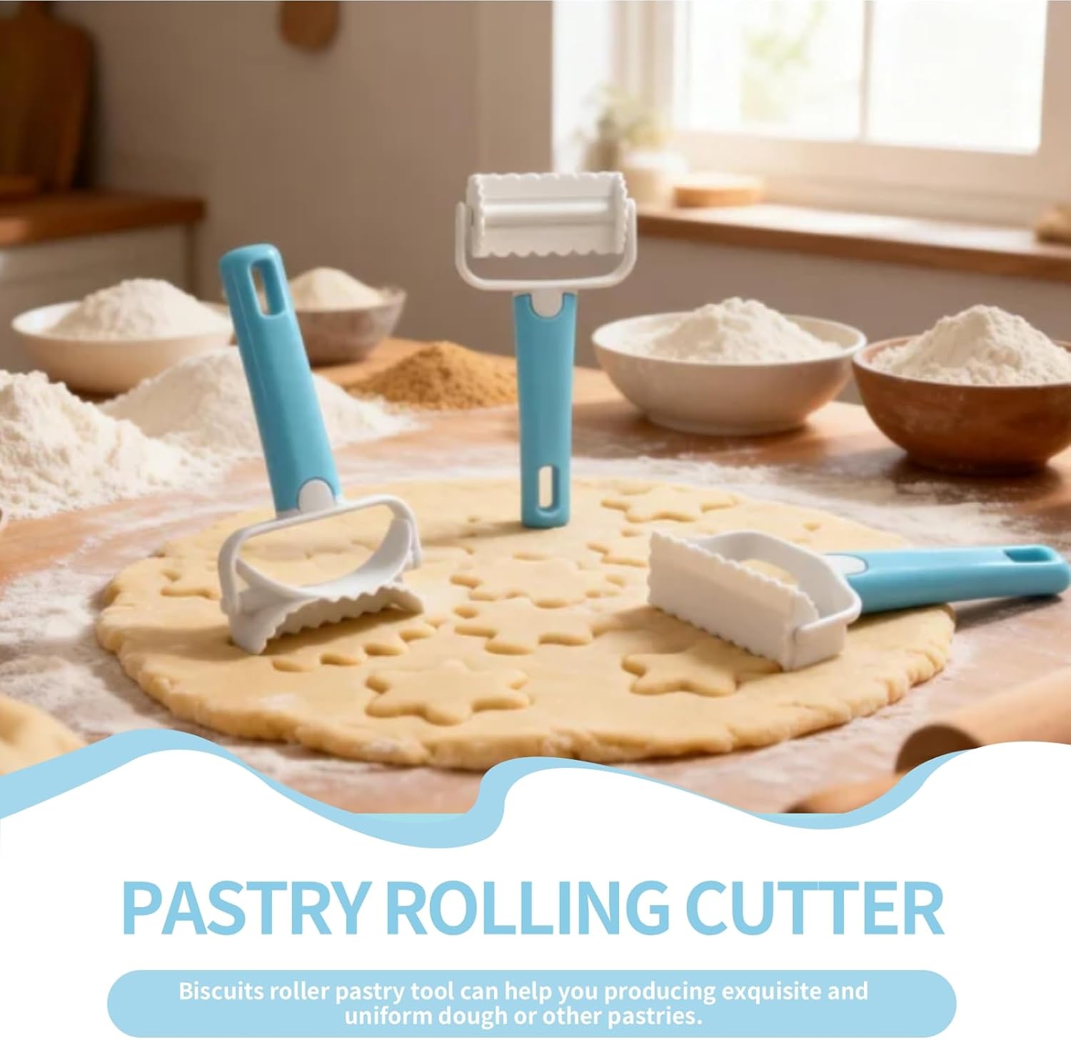 3PCS Pastry Rolling Cutter, Cookie Cutter Plastic Dough Blade Roller Round Fondant Slicer Baking Accessory for Cake Cookies Biscuits - Image 2