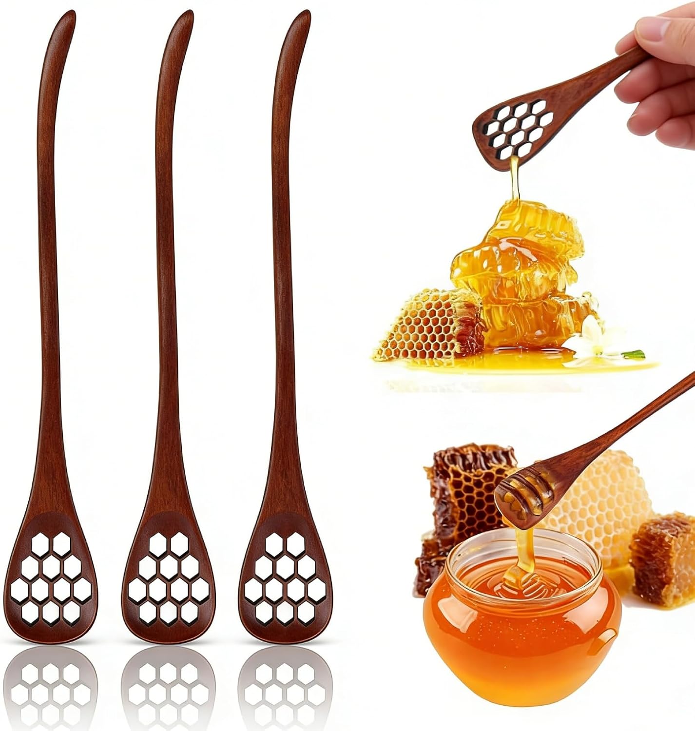 3PCS Honey Dipper Sticks, Long Handle Mixing Stick Mini Honeycomb Drizzler Wooden Spoon Stirrer for Collecting Dispensing Drizzling Jam - Image 1