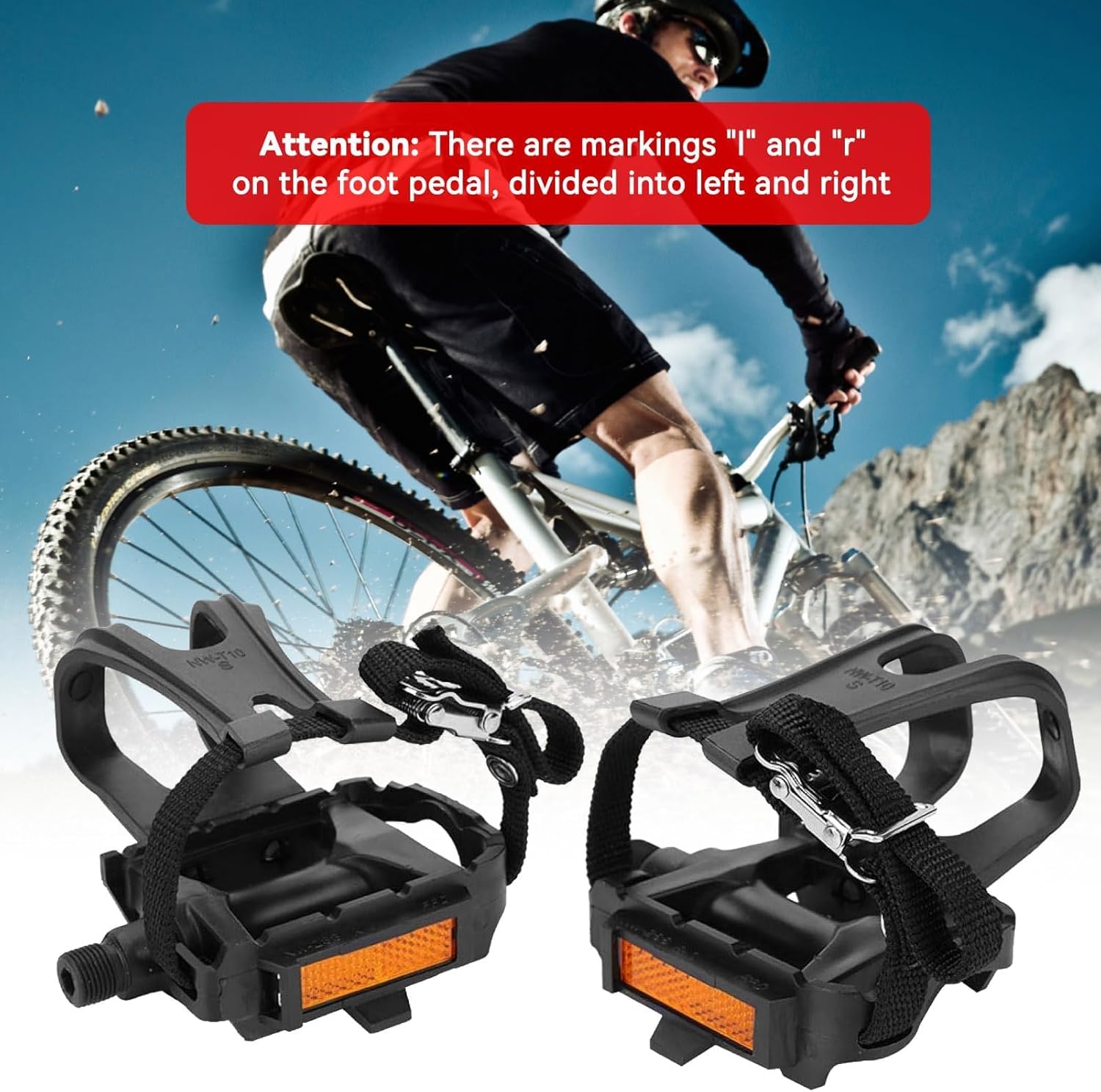 1 Pair Bike Pedals, Pedals with Toe Cages Road Bicycle Clip Adjustable Clips Straps for Wide Shoes Indoor Outdoor Cycling - Image 2