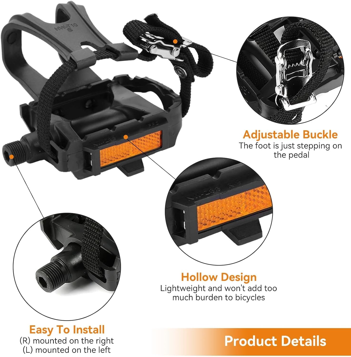 1 Pair Bike Pedals, Pedals with Toe Cages Road Bicycle Clip Adjustable Clips Straps for Wide Shoes Indoor Outdoor Cycling - Image 3