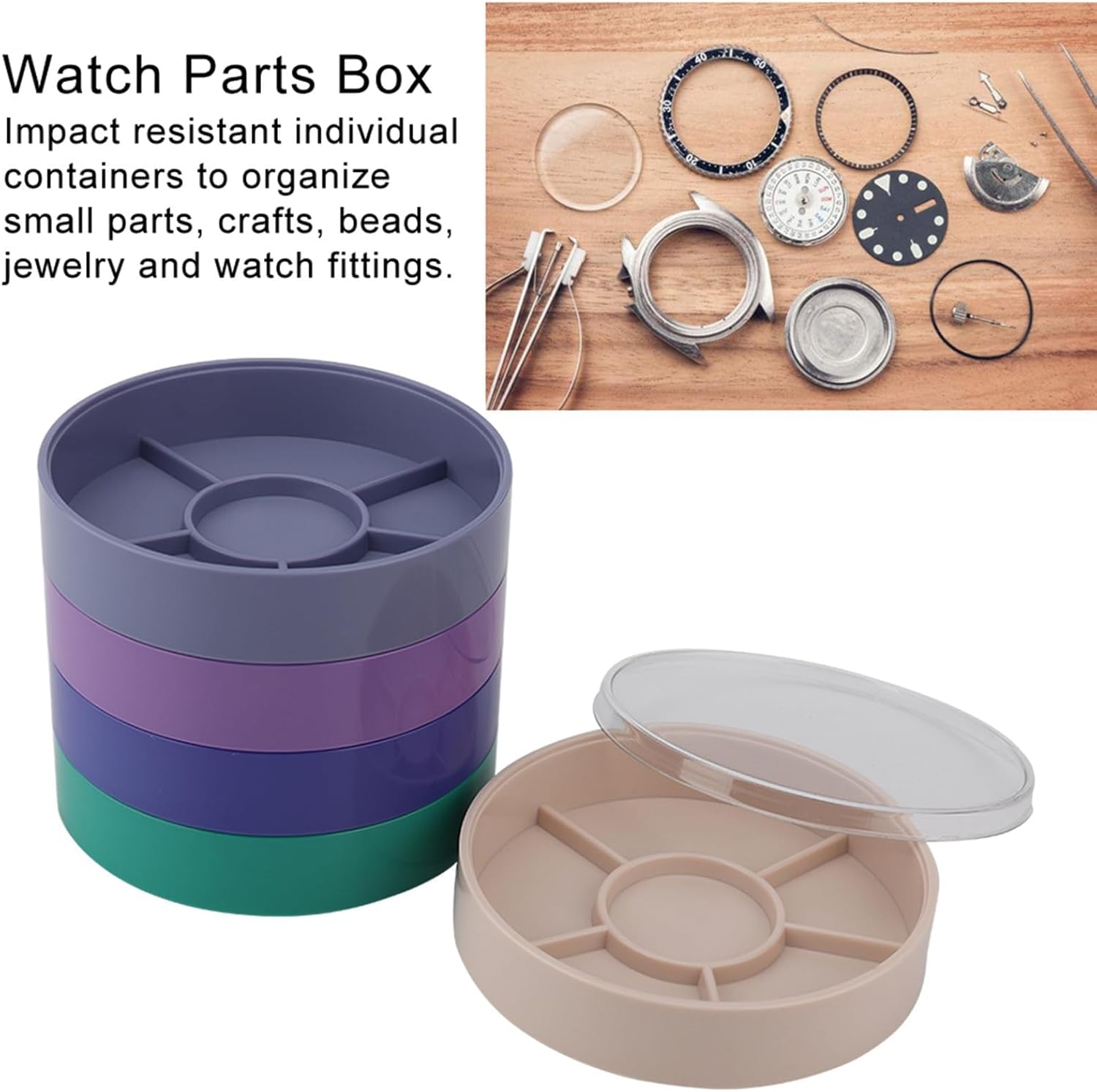 5 Layer Watch Parts Storage Box, Plastic Tray Watchmaker Repair Tool Container for Screw Component Movement Hardware Part (Round)  Redondo - Image 4