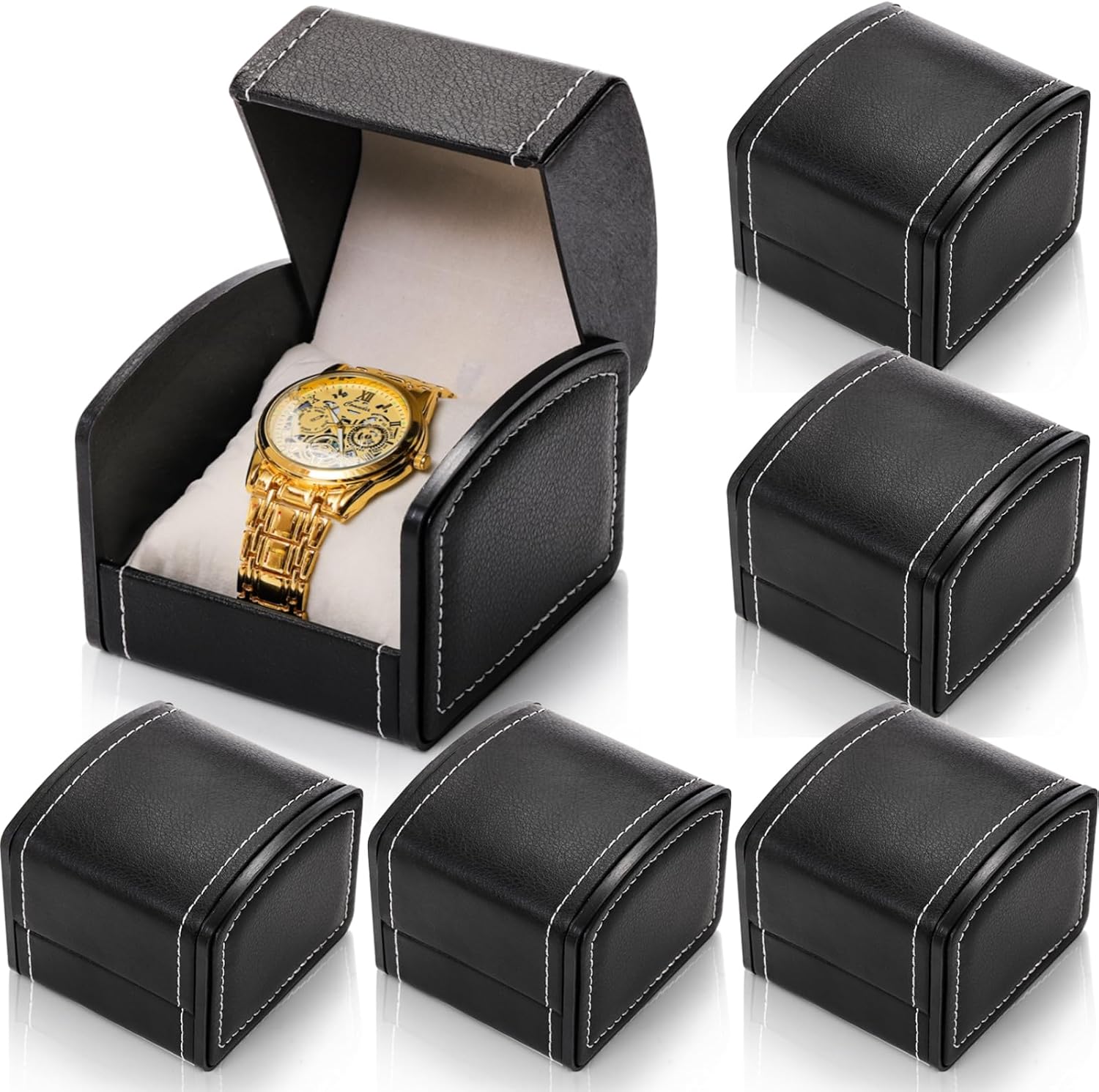 6 Packs Single Grid Watch Box with Pillow, PU Leather Gift Case for Bracelet, Jewelry Wristwatch Storage, Display Holder Men and Women, Roll Organizer, Black - Image 1