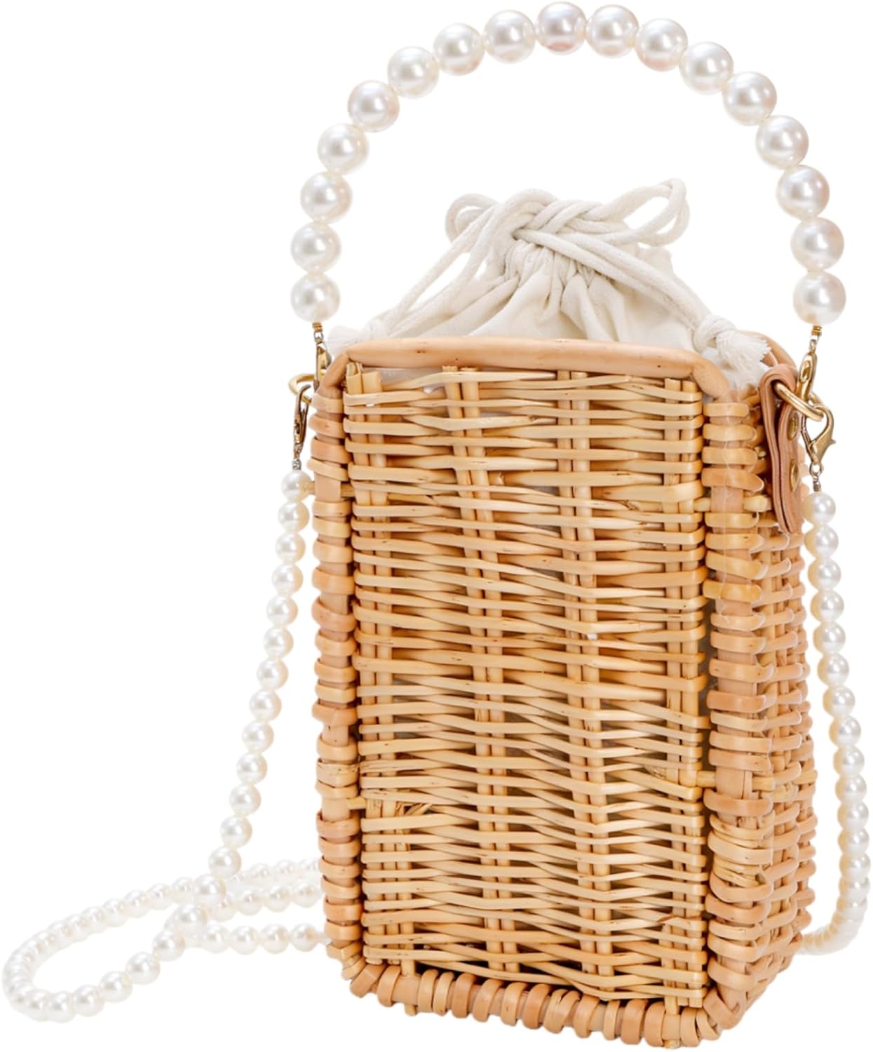 Pearl Basket Purse, Handwoven Rattan Beach Bag For Women, Rectangular Wicker Handbag, Vintage Summer Straw Tote - Image 1