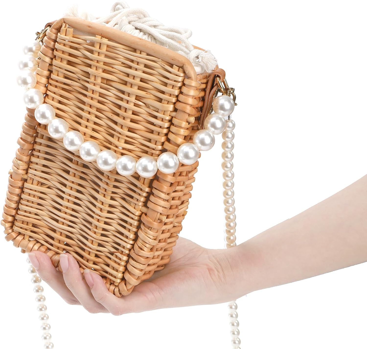 Pearl Basket Purse, Handwoven Rattan Beach Bag For Women, Rectangular Wicker Handbag, Vintage Summer Straw Tote - Image 2