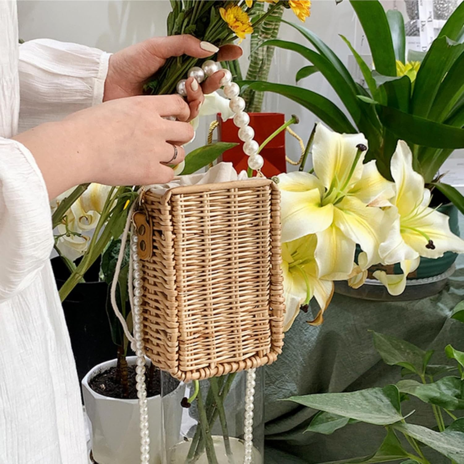 Pearl Basket Purse, Handwoven Rattan Beach Bag For Women, Rectangular Wicker Handbag, Vintage Summer Straw Tote - Image 3
