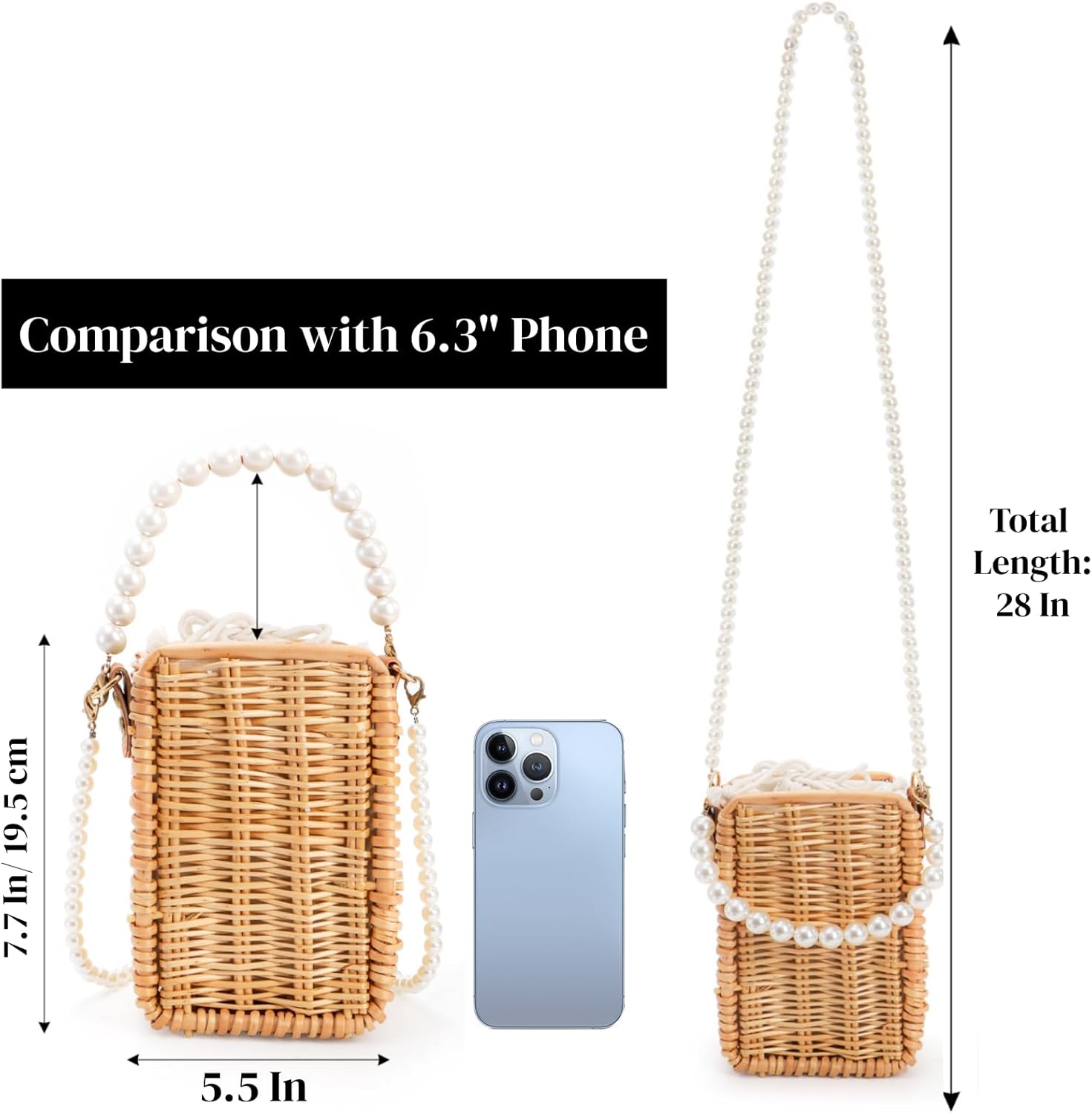 Pearl Basket Purse, Handwoven Rattan Beach Bag For Women, Rectangular Wicker Handbag, Vintage Summer Straw Tote - Image 4