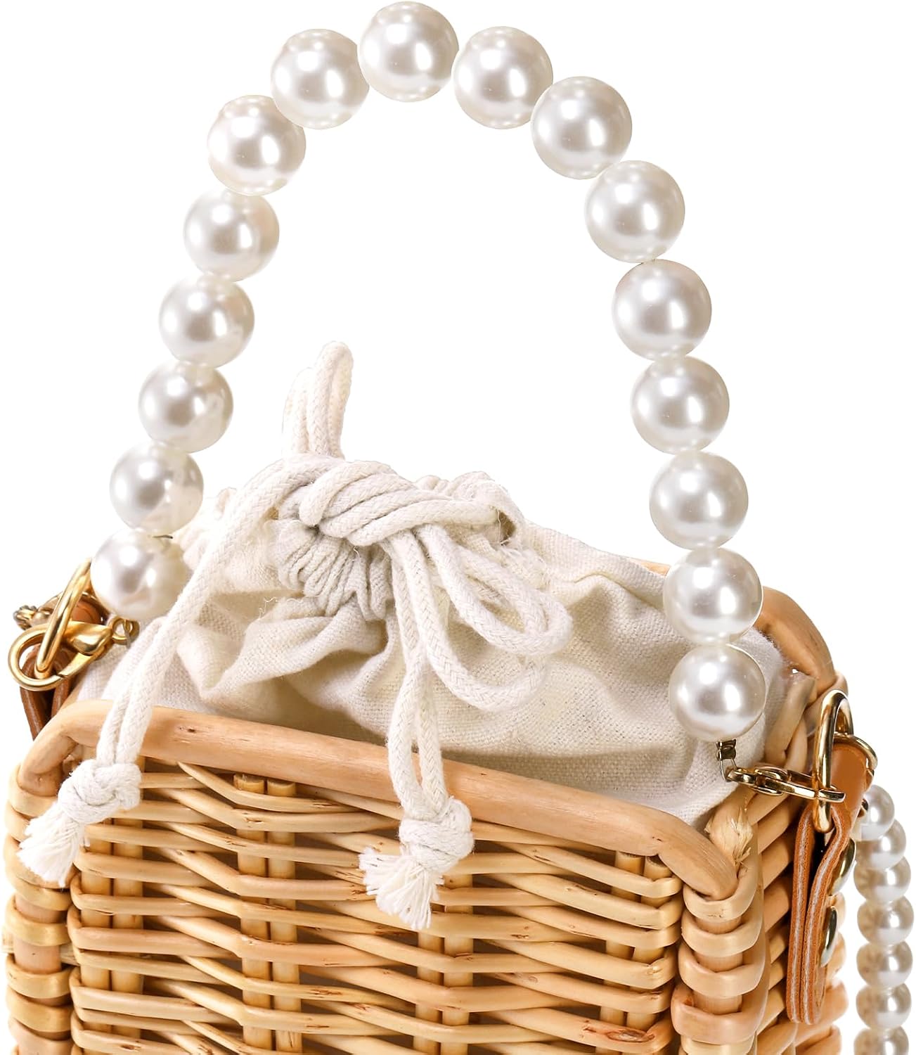 Pearl Basket Purse, Handwoven Rattan Beach Bag For Women, Rectangular Wicker Handbag, Vintage Summer Straw Tote - Image 5