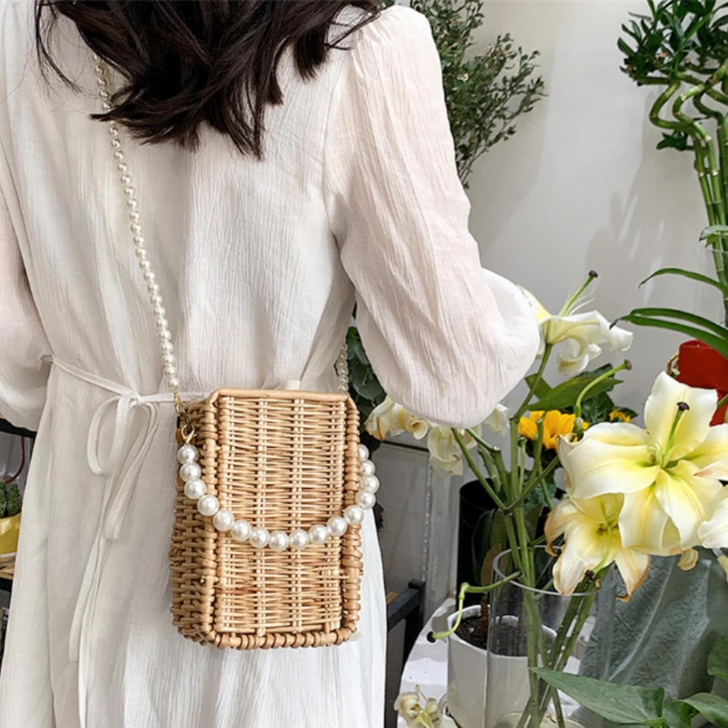 Pearl Basket Purse, Handwoven Rattan Beach Bag For Women, Rectangular Wicker Handbag, Vintage Summer Straw Tote - Image 7
