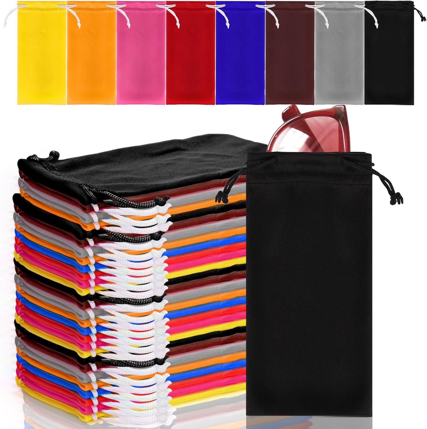 80 Packs Glasses Pouch, Microfiber Sunglasses Soft Case with Drawstring Closure, Gadgets, Black, Blue, Red, Orange, Pink, Brown, Gray, Yellow - Image 1
