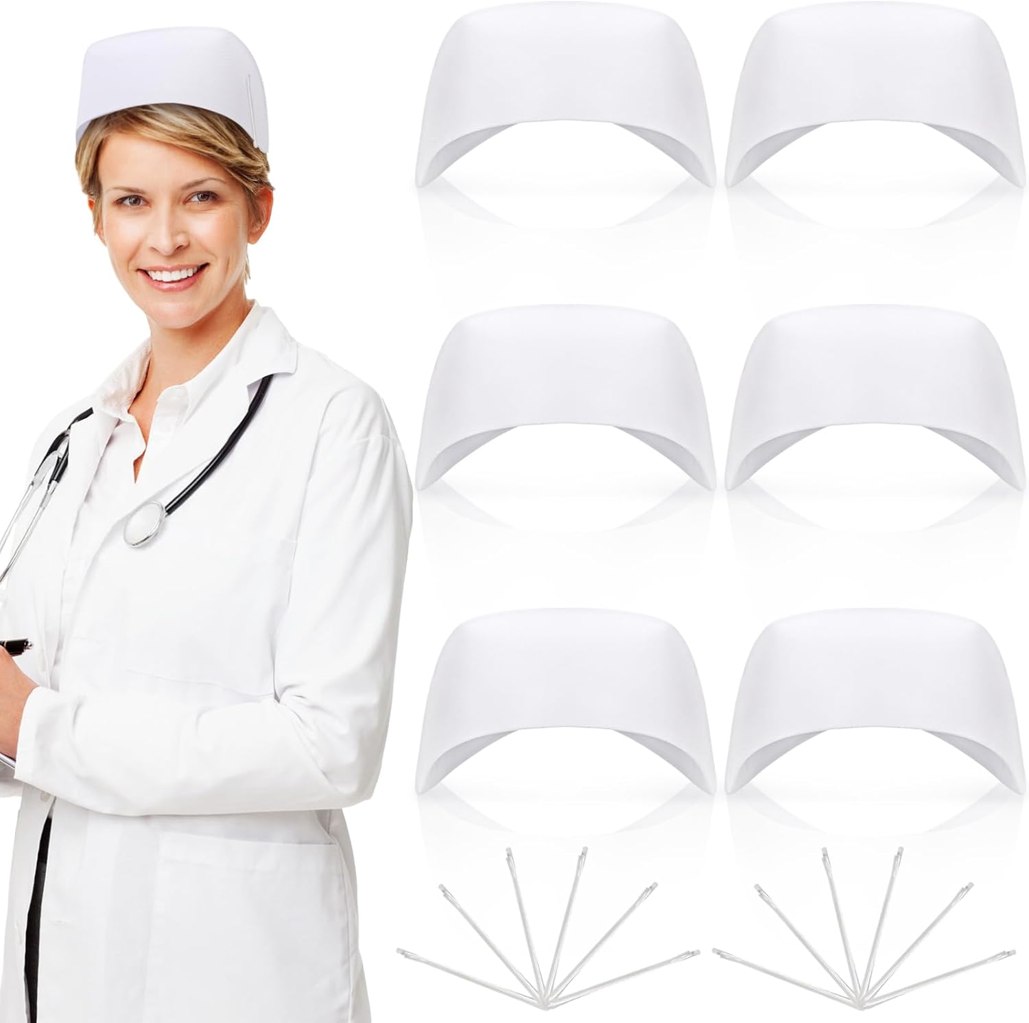 18 Pcs Nurse Hat Set, 6 Sturdy Caps with 12 Pins for Halloween, White Headband Costume Suitable Women, School, Party, Cosplay Supplies - Image 1