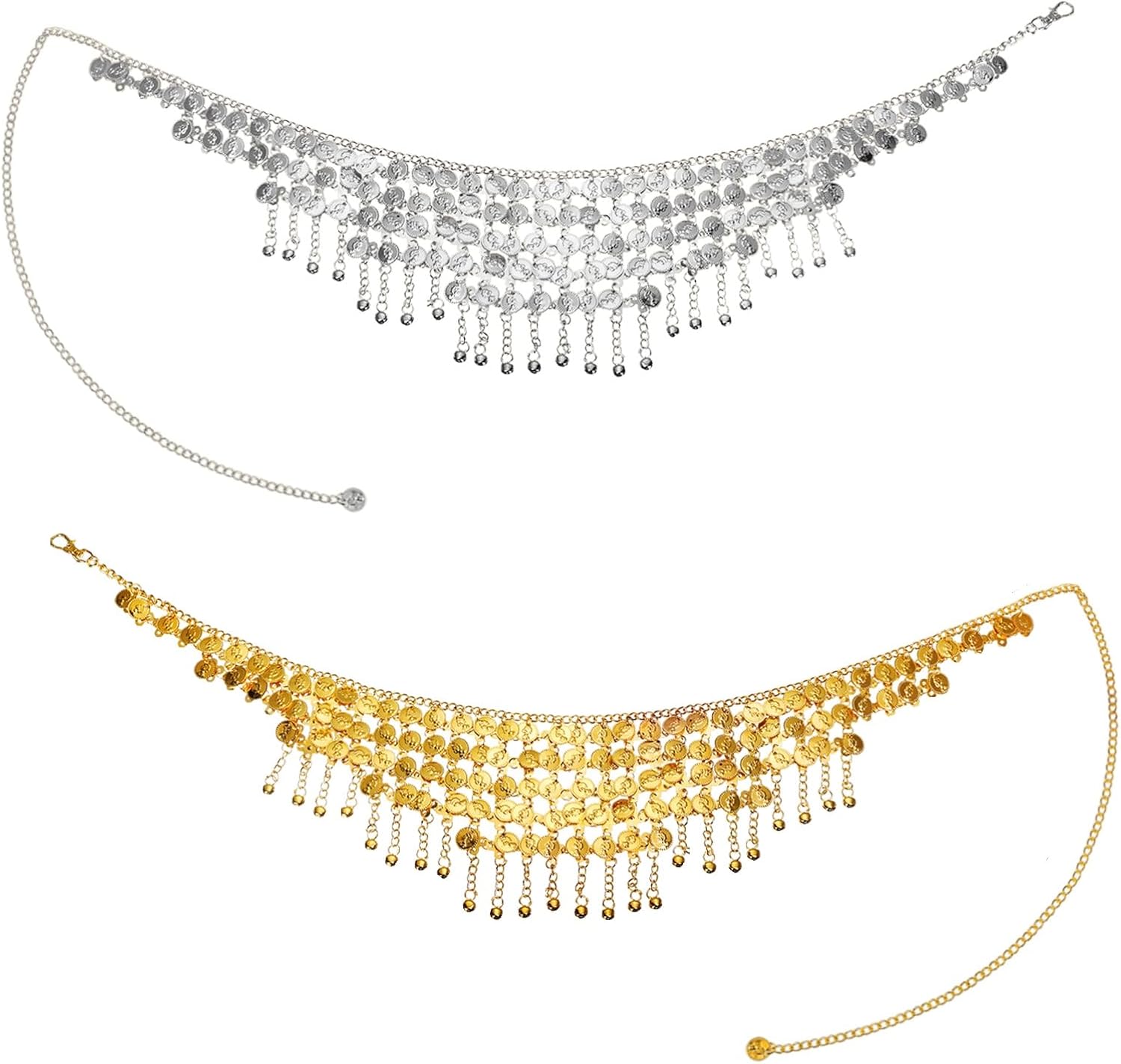 2 Pack Belly Dance Hip Scarf Belt, Dangling Coins Bellys Dancing Skirt, Dancer Bottoms Halloween Costume Accessory for Women, Music Festival, Gold and Silver, 32 Short - Image 1
