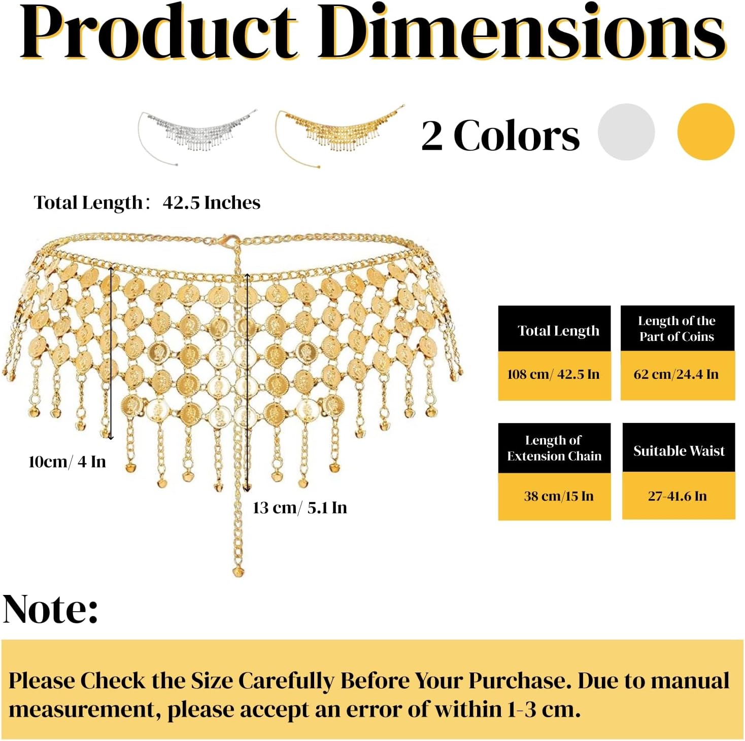2 Pack Belly Dance Hip Scarf Belt, Dangling Coins Bellys Dancing Skirt, Dancer Bottoms Halloween Costume Accessory for Women, Music Festival, Gold and Silver, 32 Short - Image 2