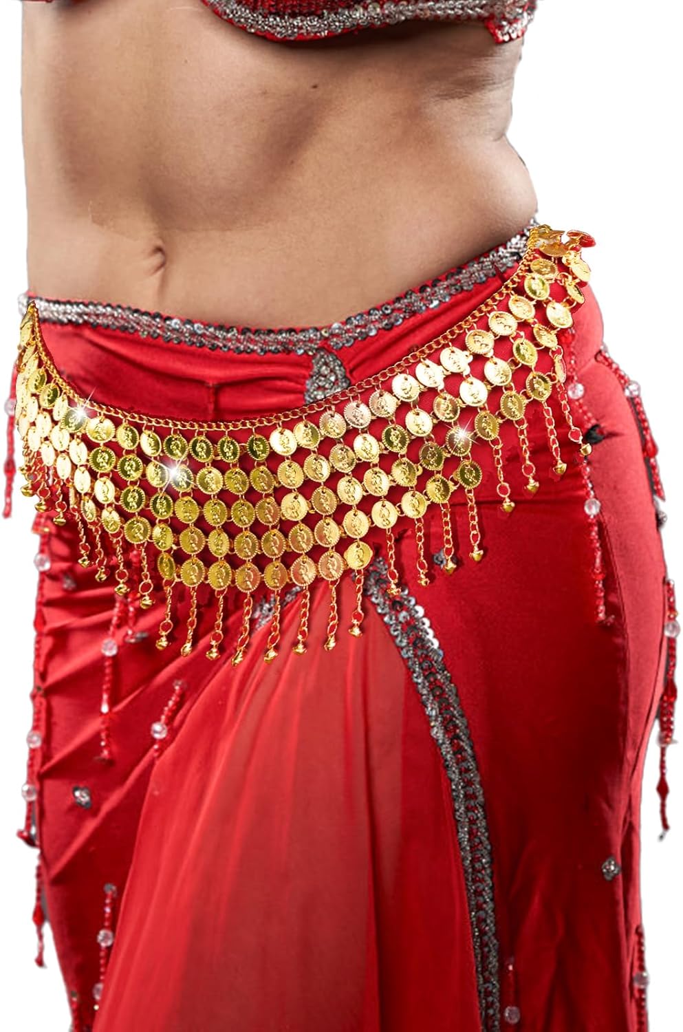 2 Pack Belly Dance Hip Scarf Belt, Dangling Coins Bellys Dancing Skirt, Dancer Bottoms Halloween Costume Accessory for Women, Music Festival, Gold and Silver, 32 Short - Image 3