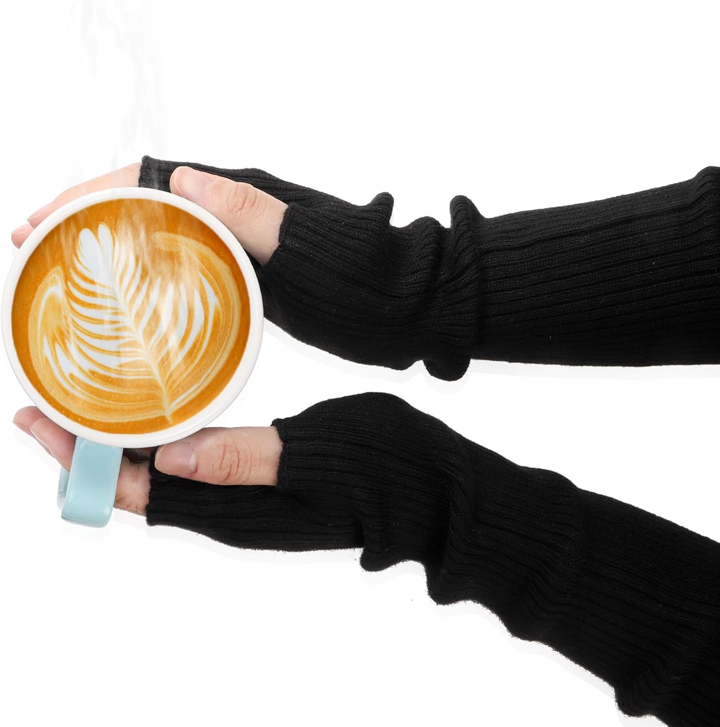 2 Packs Long Fingerless Gloves, Wool Blended Knitted Arm Warmers, Stretchy Over-elbow Length Sleeves for Women Fashion, Cosplay Accessories, Black and Gray - Image 4