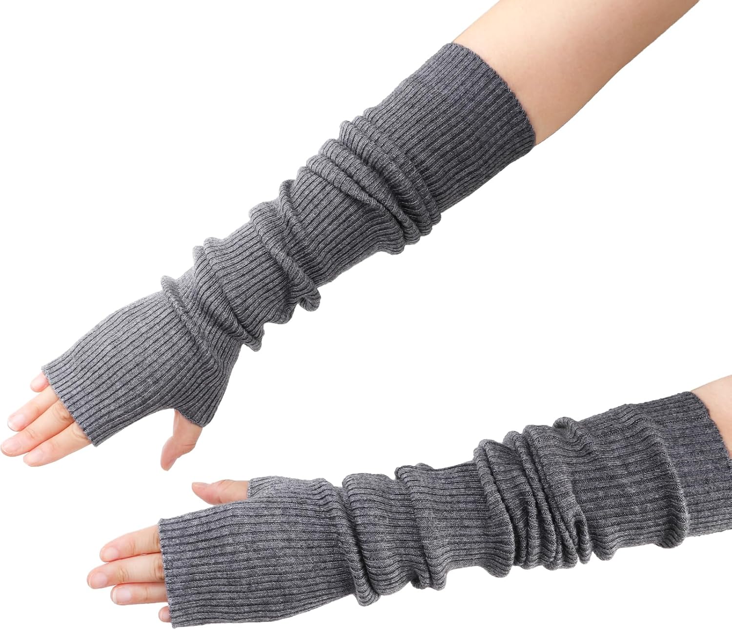 2 Packs Long Fingerless Gloves, Wool Blended Knitted Arm Warmers, Stretchy Over-elbow Length Sleeves for Women Fashion, Cosplay Accessories, Black and Gray - Image 5