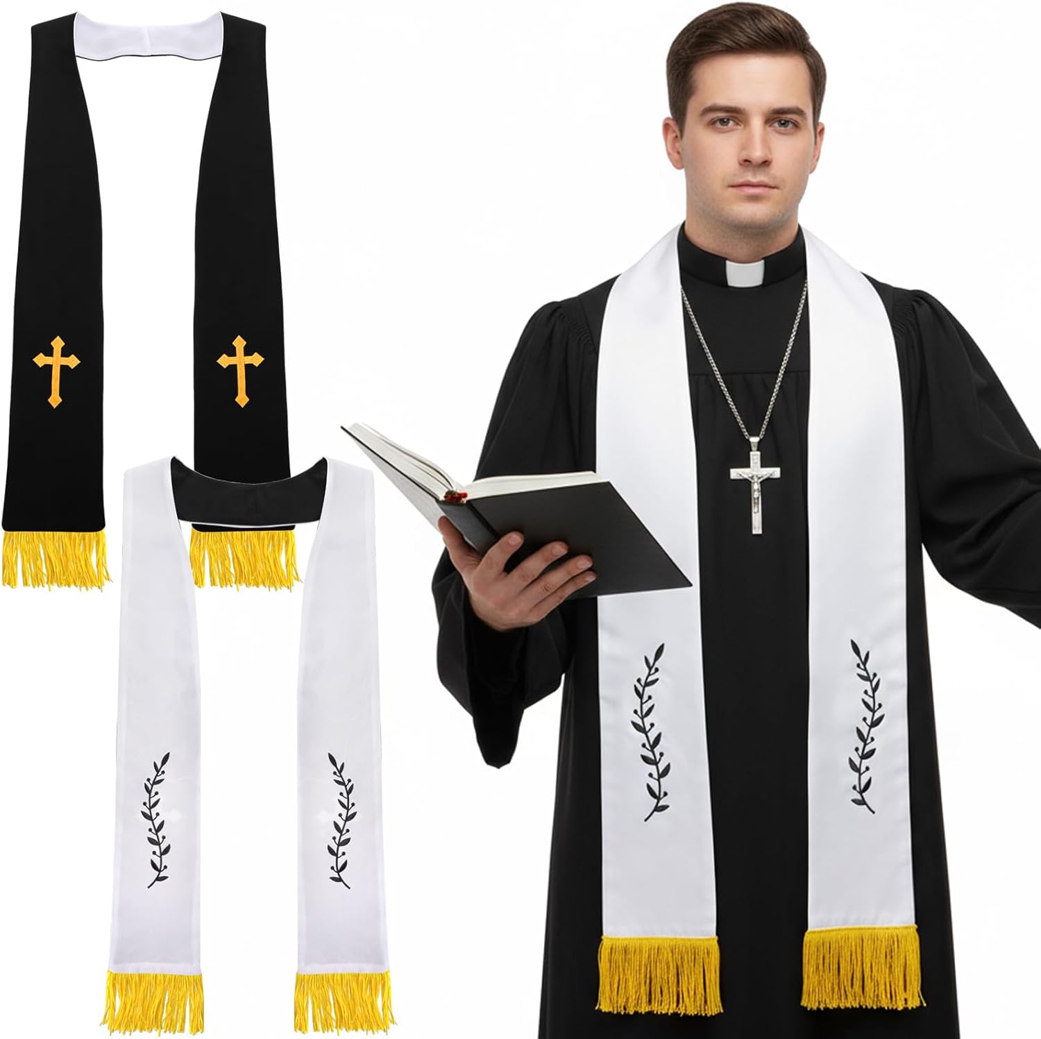 1 Pack Wedding Reversible Stole with Tassels, 75 Inch Clergy Mass Stoles Cross, White Embroidered Priest Sash Stole, Pastor Shawl for Officiant Robe Cassock - Image 1