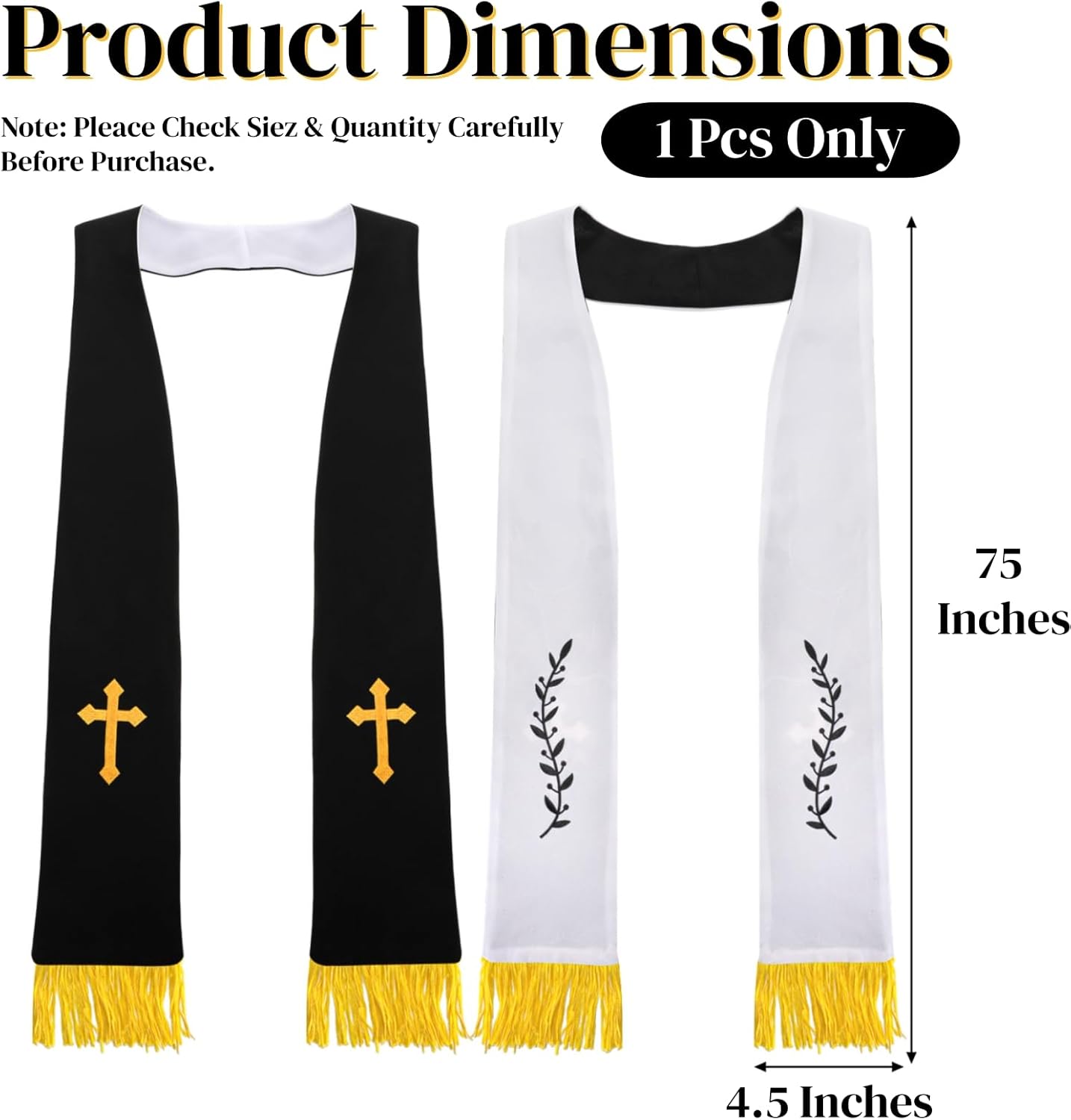1 Pack Wedding Reversible Stole with Tassels, 75 Inch Clergy Mass Stoles Cross, White Embroidered Priest Sash Stole, Pastor Shawl for Officiant Robe Cassock - Image 2