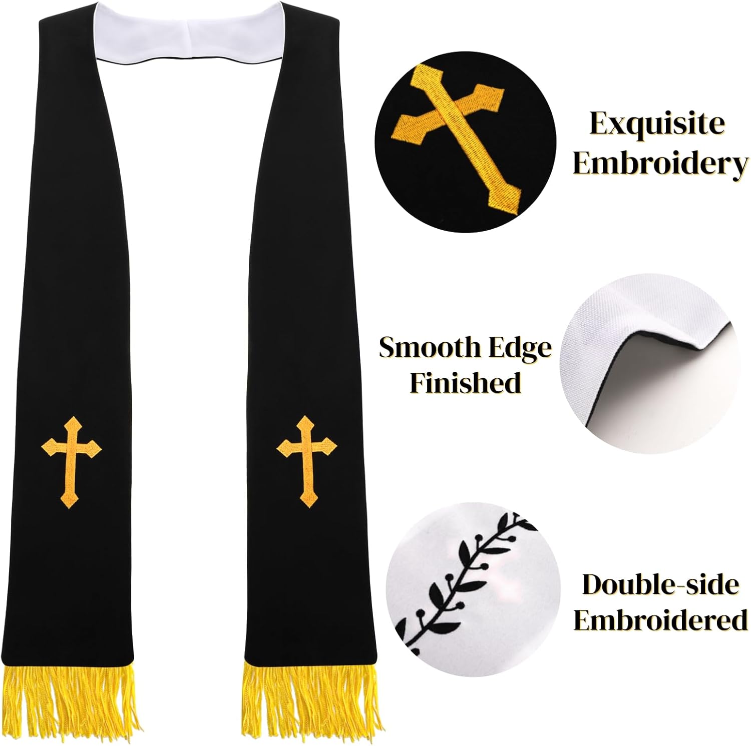 1 Pack Wedding Reversible Stole with Tassels, 75 Inch Clergy Mass Stoles Cross, White Embroidered Priest Sash Stole, Pastor Shawl for Officiant Robe Cassock - Image 3