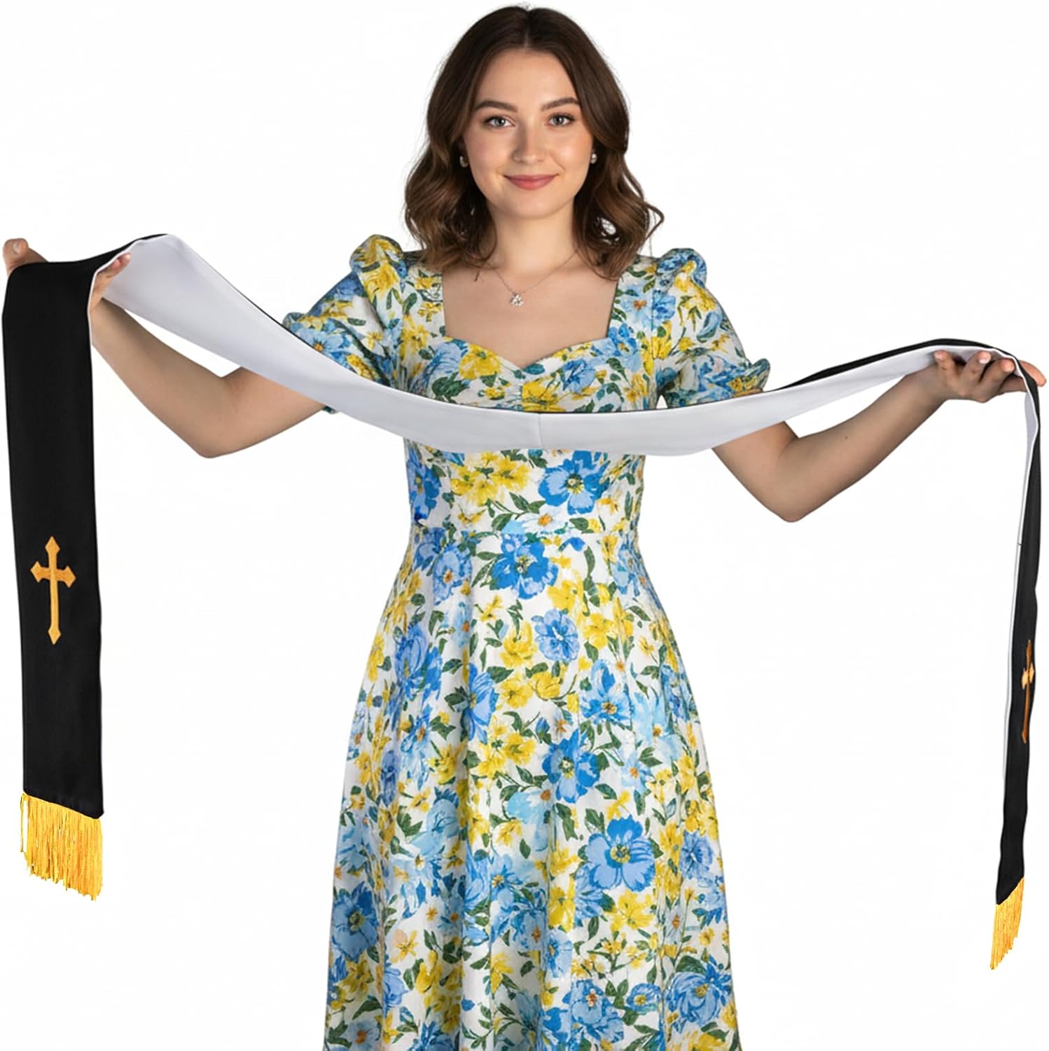 1 Pack Wedding Reversible Stole with Tassels, 75 Inch Clergy Mass Stoles Cross, White Embroidered Priest Sash Stole, Pastor Shawl for Officiant Robe Cassock - Image 5