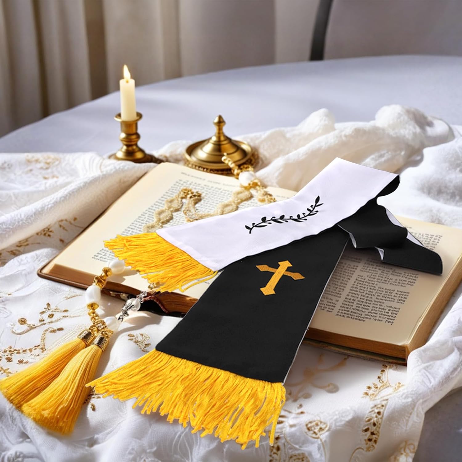 1 Pack Wedding Reversible Stole with Tassels, 75 Inch Clergy Mass Stoles Cross, White Embroidered Priest Sash Stole, Pastor Shawl for Officiant Robe Cassock - Image 8