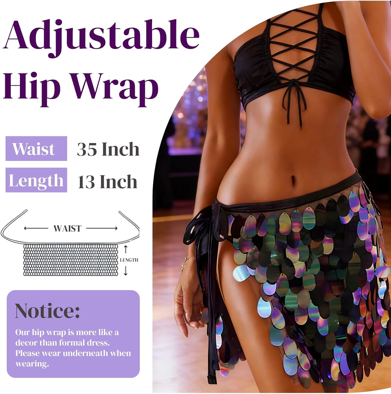 Belly Hip Scarf for Women, Adjustable Big Sequin Mermaid Skirt, Sparkly Fish Scale Mini Black Glitter Disco Ball Wrap, Halloween Costume Outfit New Year Eve Rave Party - Image 4